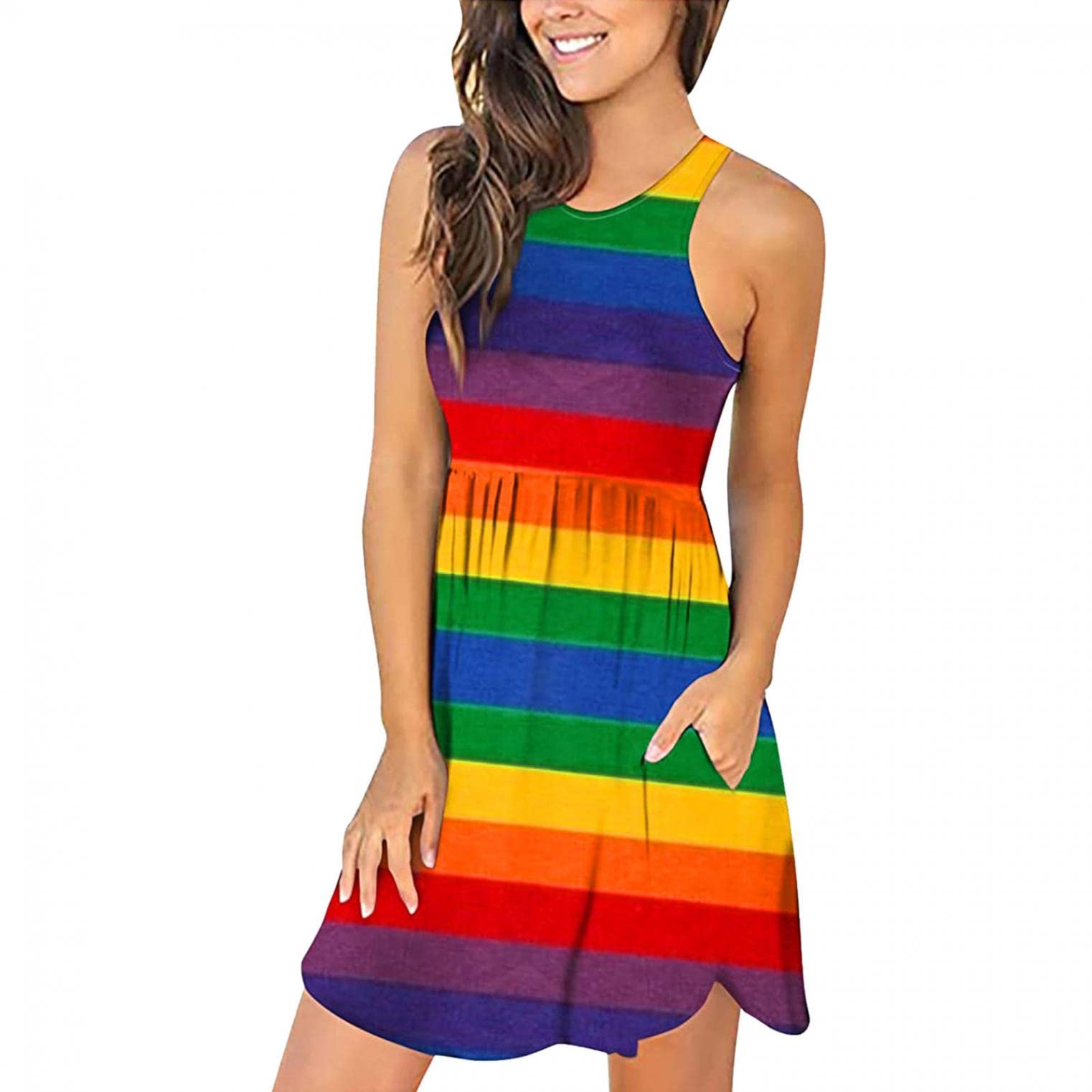 **Women's Spring Dresses 2022 – Cute Rainbow Color Crew Neck Tank Dresses, High Waist A-Line Flare Dresses for Casual Wear & Summer Outfits**