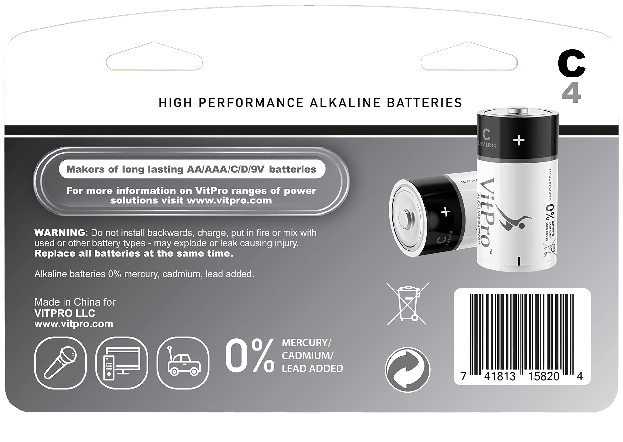 High-Performance C Cell Alkaline Batteries (4 Pack) - 1.5V Long-Lasting Power for Flashlights, Toys, Radios & More | All-Purpose Everyday Use Batteries