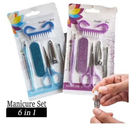 6Pcs Professional Manicure Pedicure Kit for Women & Men - Stainless Steel Nail Clippers, Nail Brush, Scissors, Nail Buffer, Cuticle Remover & Tweezers - Portable Nail Care Set for Travel, Home & Salon Use (Pack of 2)