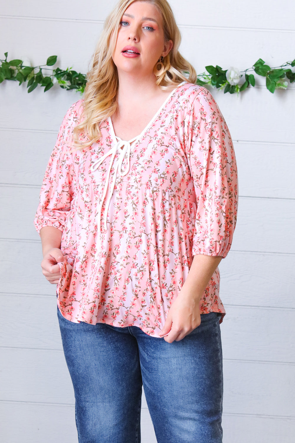 Pink Floral Stripe V-Neck Knit Top for Women - Casual Chic Blouse for Spring Outfits & Date Nights