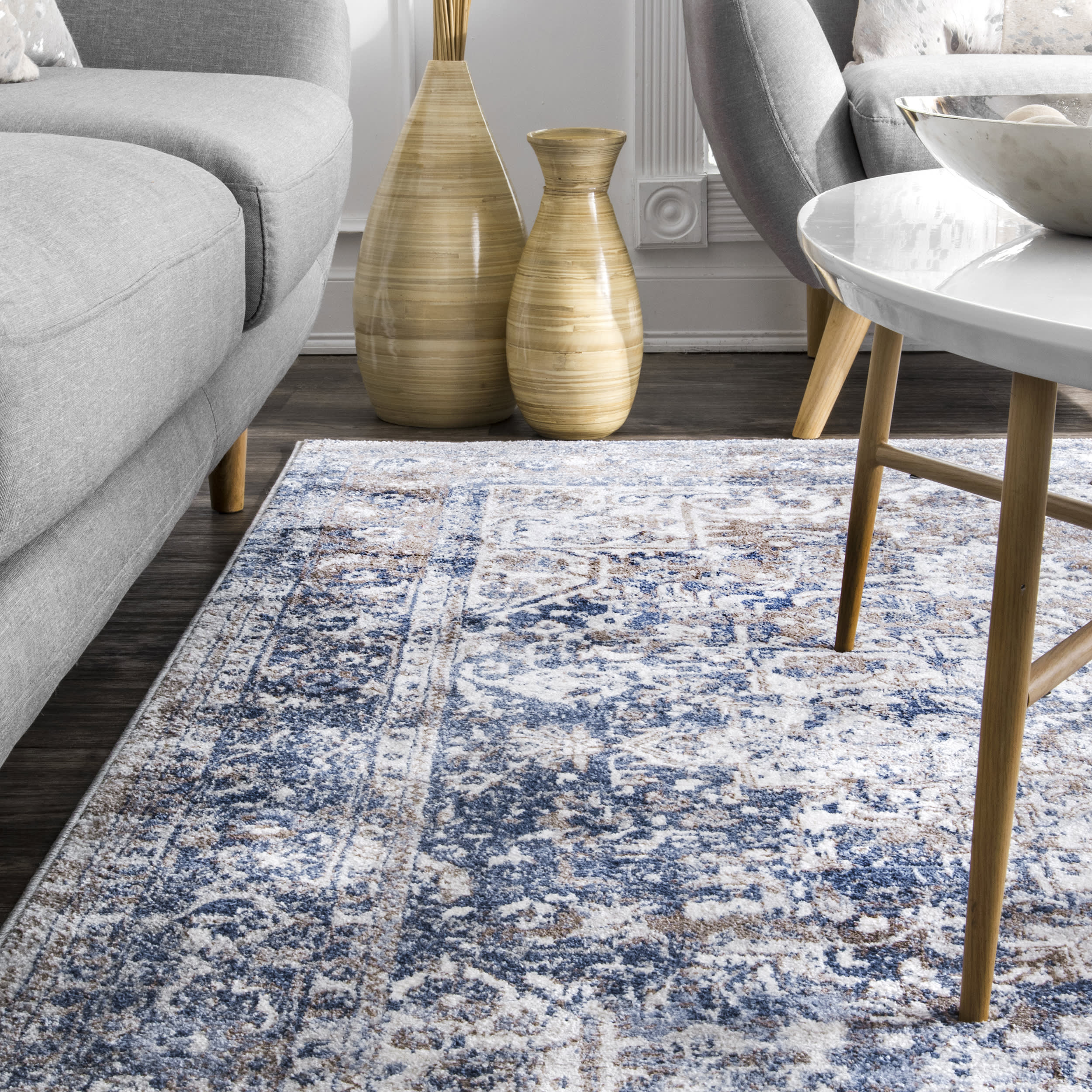 Faded Star Petal Emblem Rug - Soft Bohemian Area Rug for Living Room, Bedroom, Nursery | Light Blue Washable Cotton Rug for Home Decor & Cozy Spaces