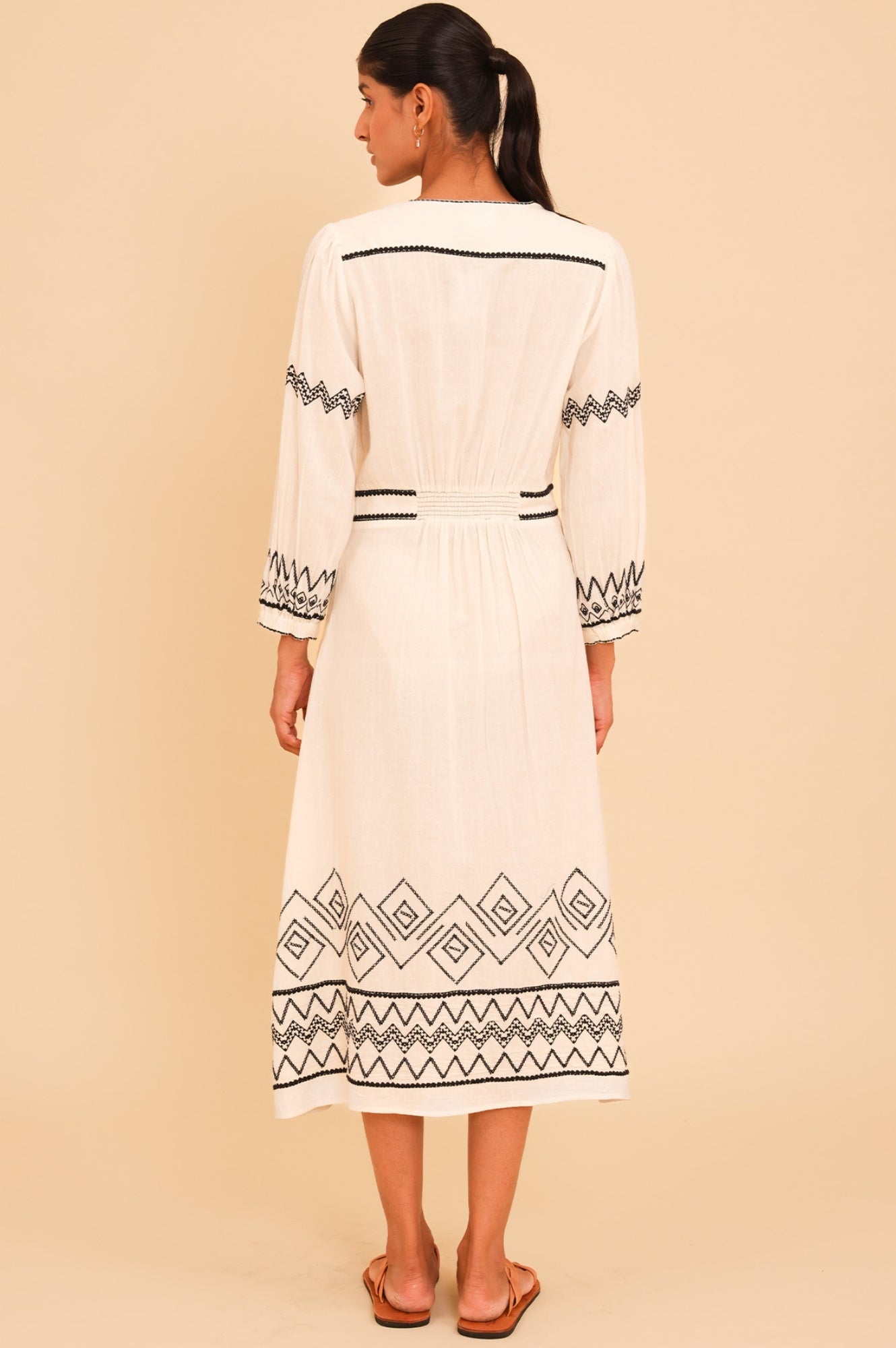 Jamila Embroidered Maxi Dress for Women | Elegant Ecru & Black Floral Embroidery | Perfect for Weddings, Parties & Summer Vacations