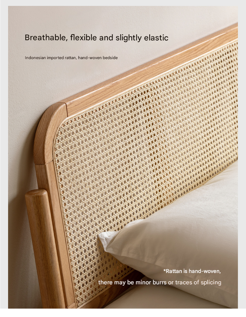 Solid Oak Wood Rattan Bed Frame - Queen Size, Natural Finish - Perfect for Bedroom, Guest Room & Farmhouse Decor