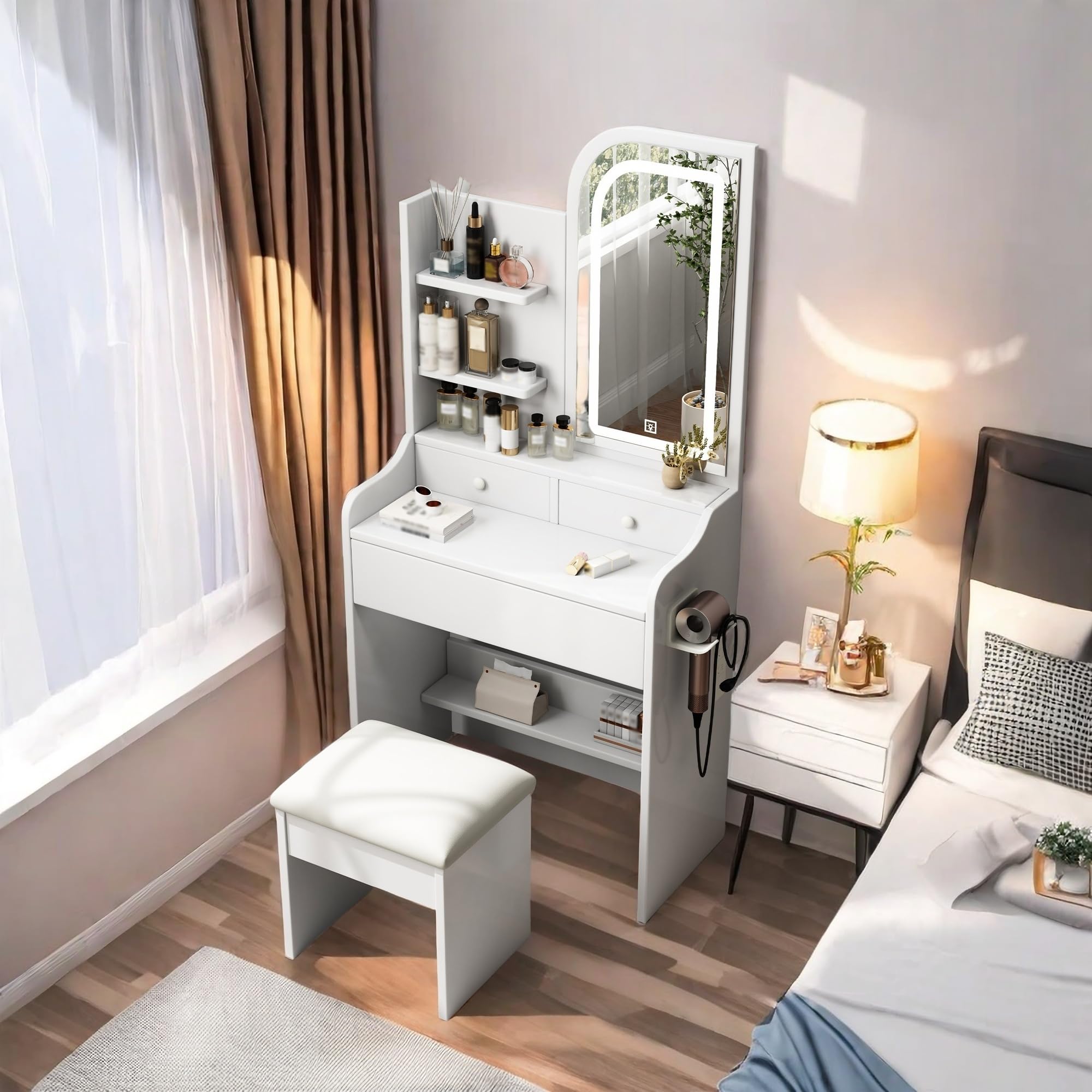 Vanity Desk with Mirror and Lights - White Dressing Table with 3-Color Adjustable Lighting, Makeup Vanity Set with Storage for Bedroom | Perfect for Makeup, Hair Styling & Beauty Organization