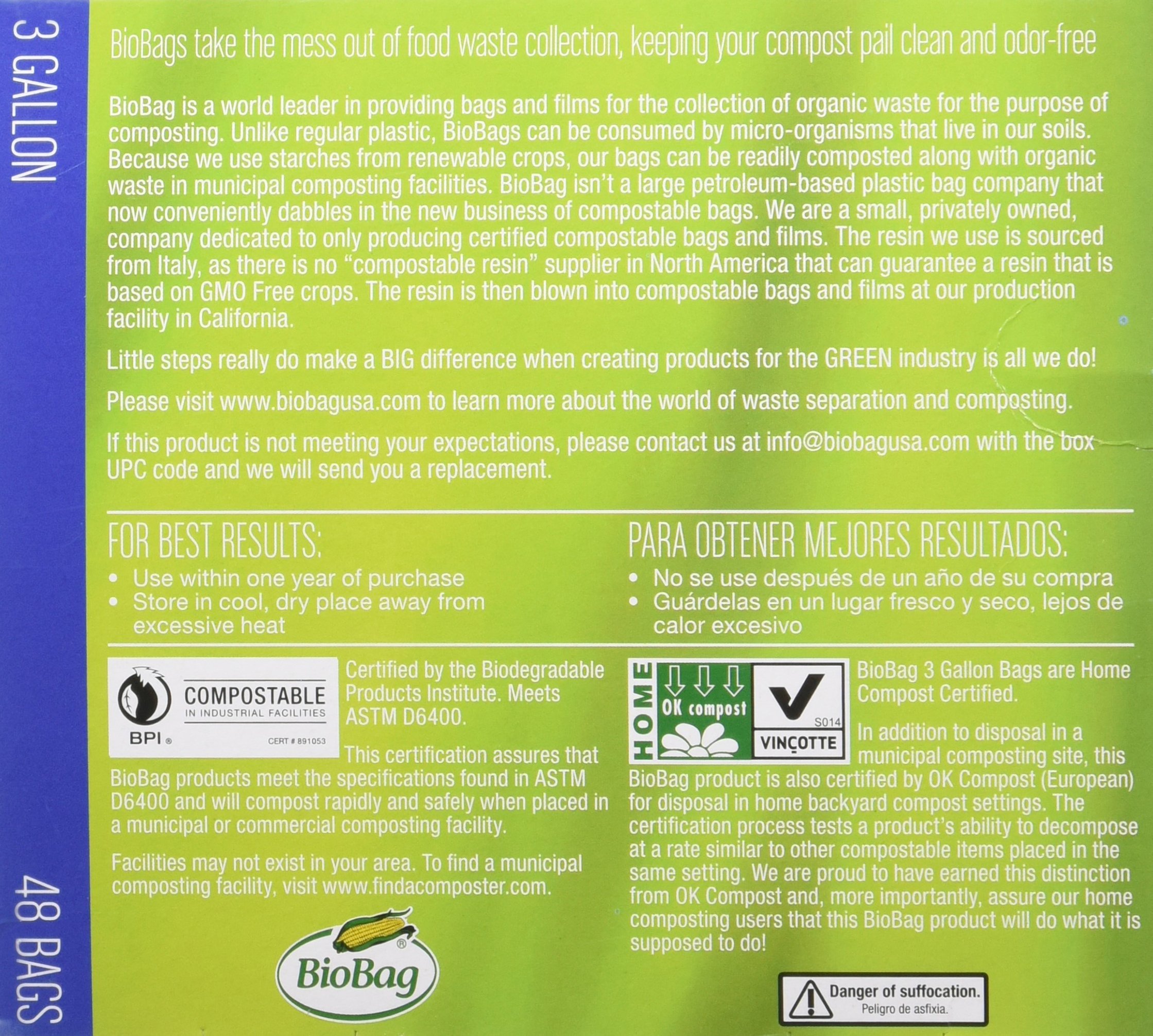 BioBag Compostable 3 Gallon Kitchen Trash Bags - 48 Count, Eco-Friendly Biodegradable Waste Bags for Food Scraps & Organic Waste - Perfect for Home Composting, Small Trash Cans & Sustainable Living