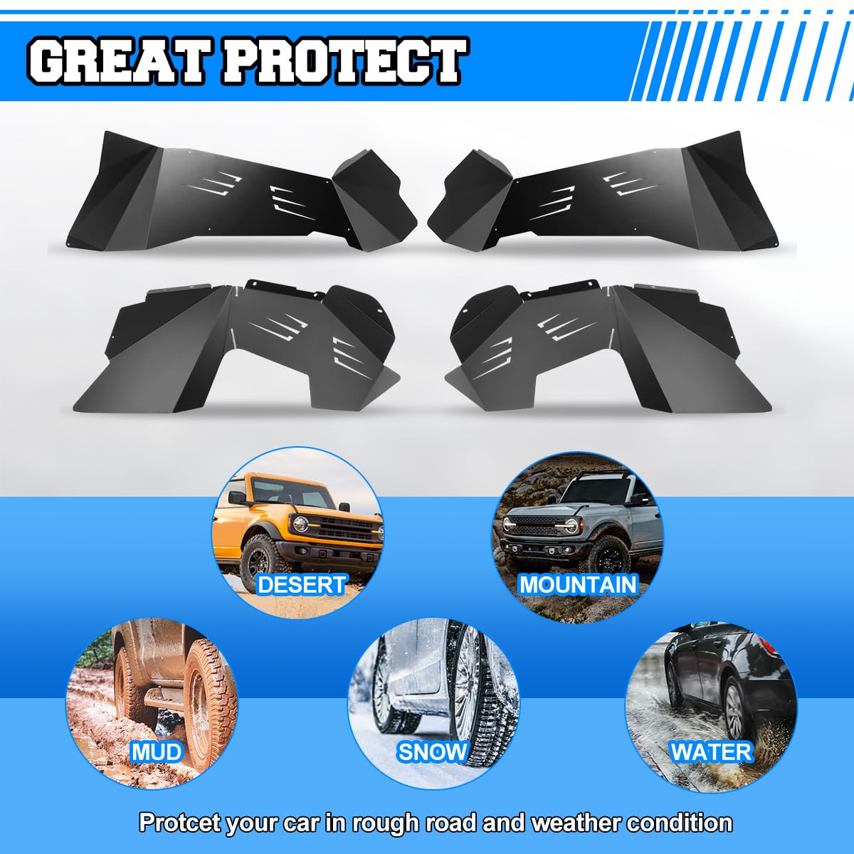 ROXX Front & Rear Inner Fender Liners for Jeep Wrangler JK JKU 2007-2018 (2/4 Door) - Black Aluminum Lightweight Splash Guards - Off-Road Protection - 4-Piece Set - Perfect for Mud, Snow & Trail Adventures