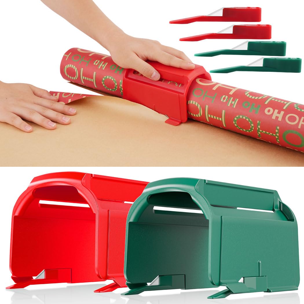2Pcs Heavy Duty Wrapping Paper Roll Cutter Tool with 4 Replaceable Blades - Green & Red Paper Cutter for Crafting, Classroom, Home, Birthday & Christmas Gifts - Perfect for DIY Projects, Gift Wrapping & Holiday Decorations