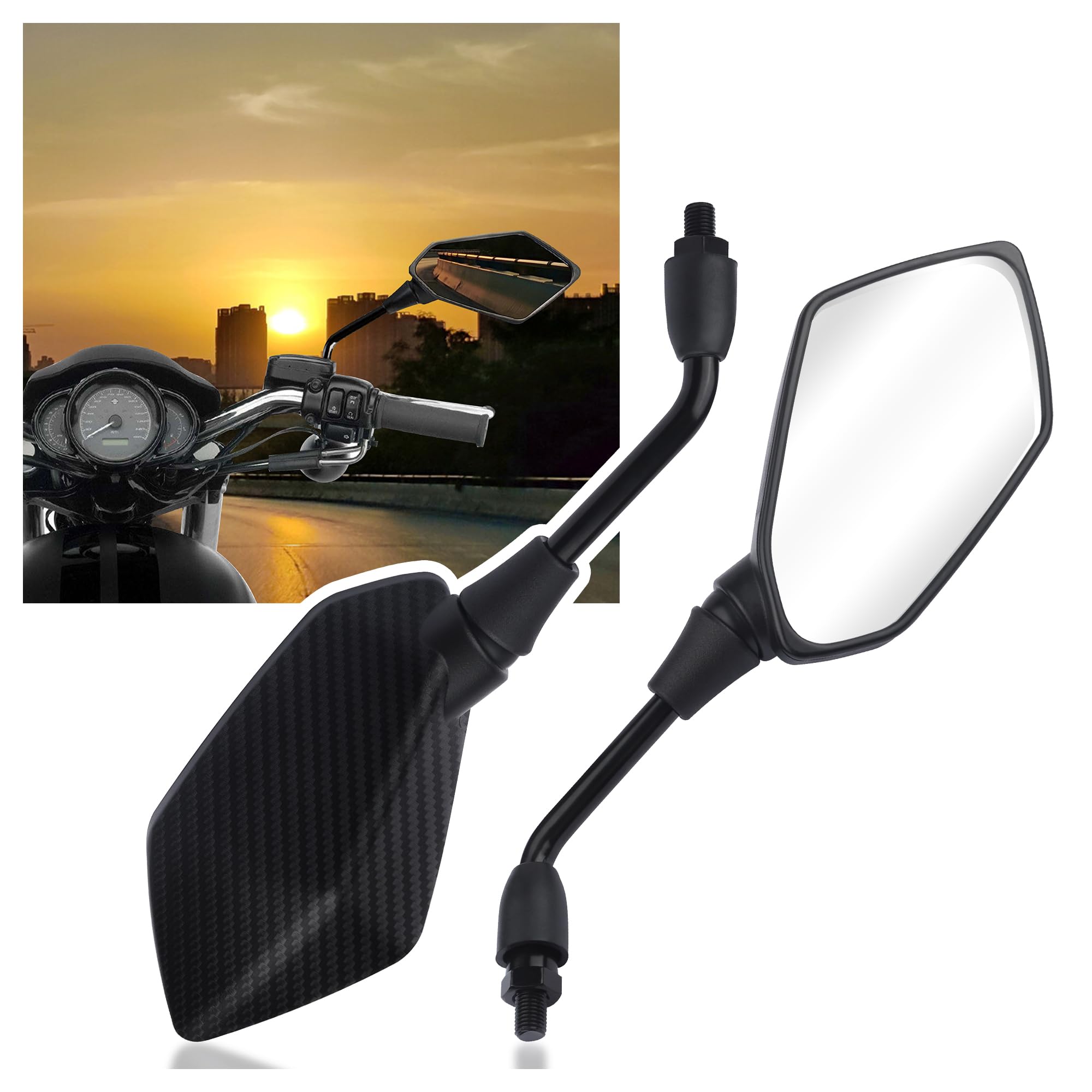 8mm & 10mm Bolt HD 360° Adjustable Motorcycle Mirrors - Wide Angle Rear View Handlebars Mirrors for Scooter, ATV, Dirt Bike (Carbon Fiber) - Perfect for Commuting, Off-Roading & Urban Riding