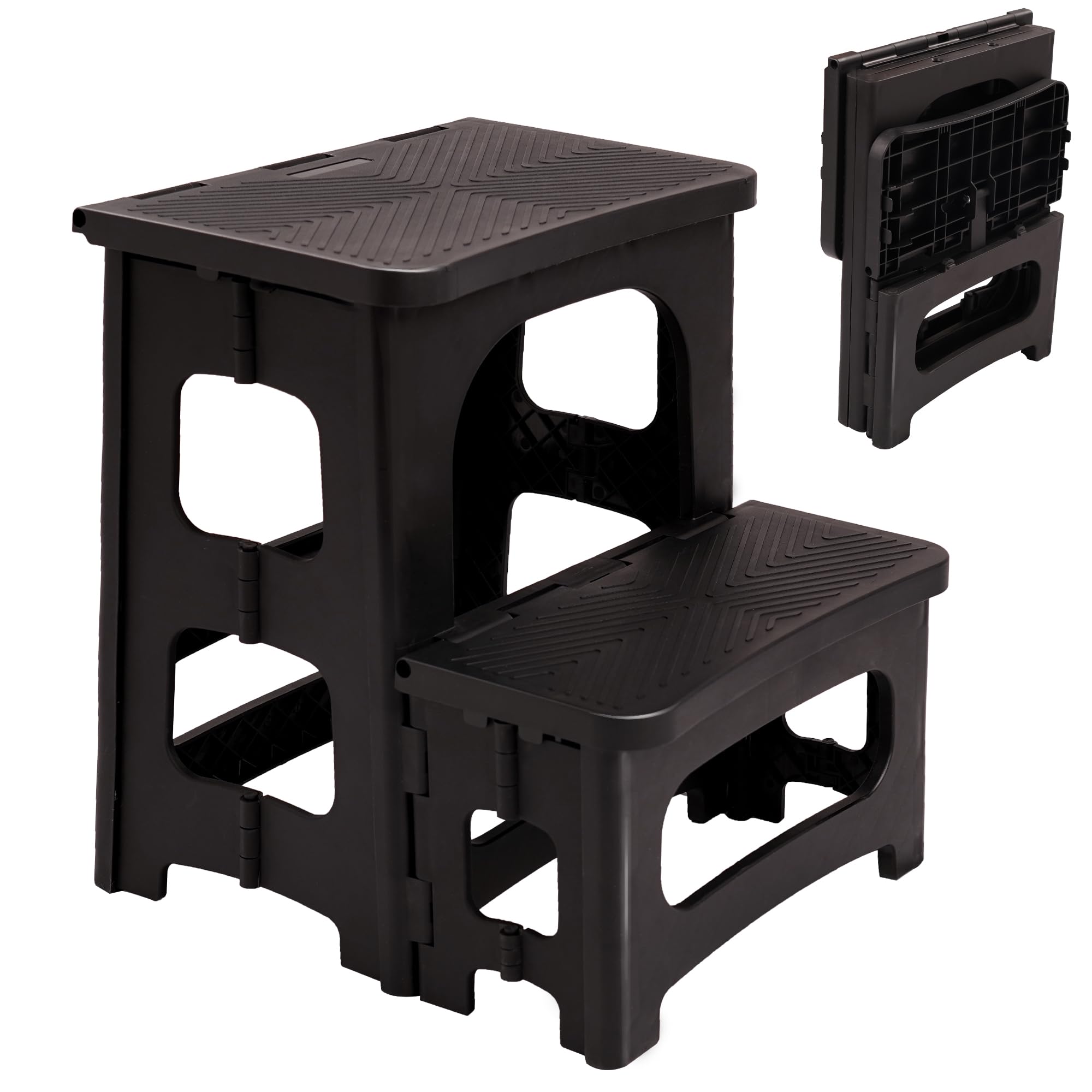 Heavy Duty Folding 2 Step Stool 300 lb Capacity - Non-Slip Foldable Step Stool for Adults - Compact Kitchen Bathroom Bedroom Office RV Ladder - Space Saving Home Organization (Black) | Perfect for Reaching High Shelves, Changing Light Bulbs & Home Storage Solutions