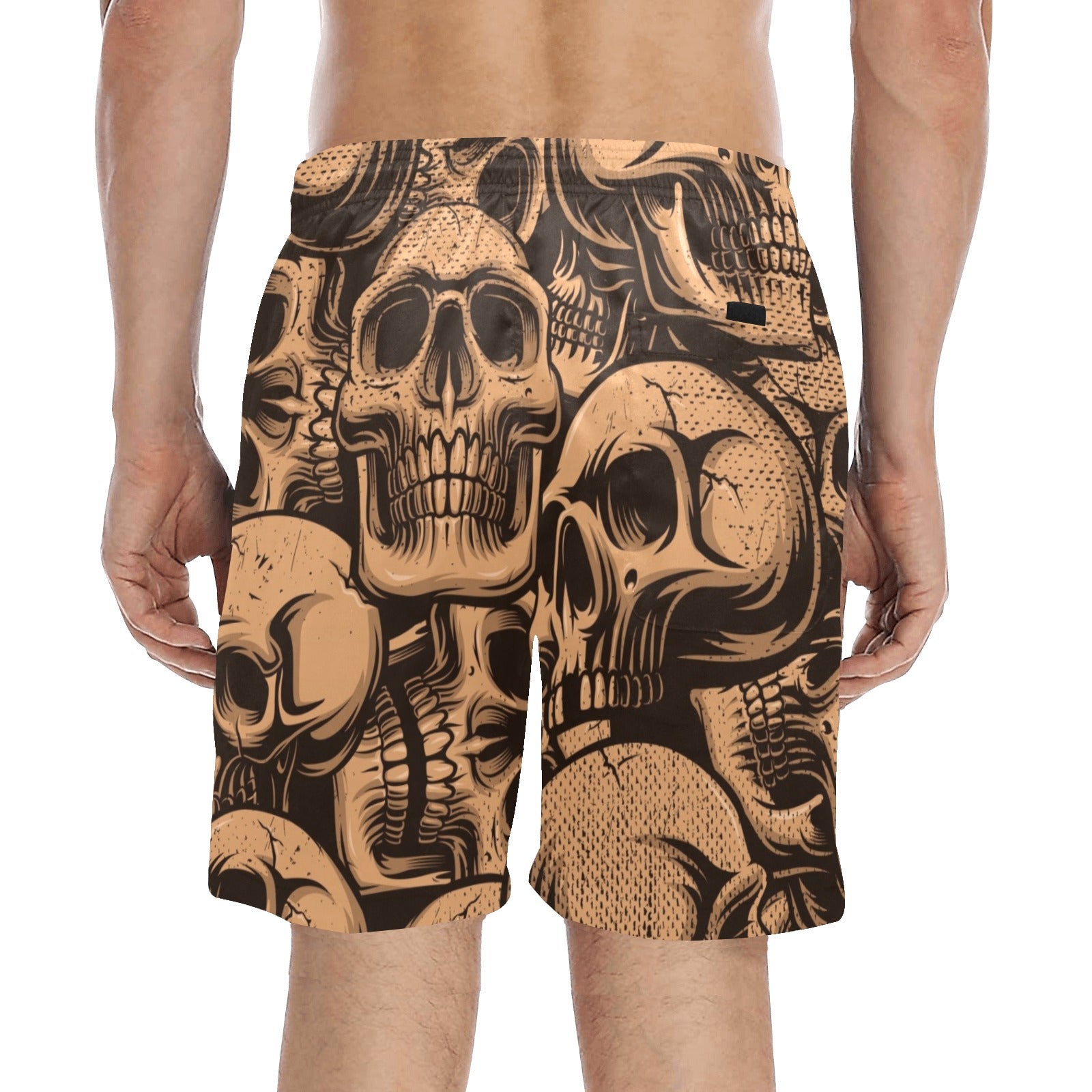 Bronze Skulls Beach Shorts for Men - Stylish Swim Trunks with Skull Print - Perfect for Swimming, Surfing, and Summer Vacations