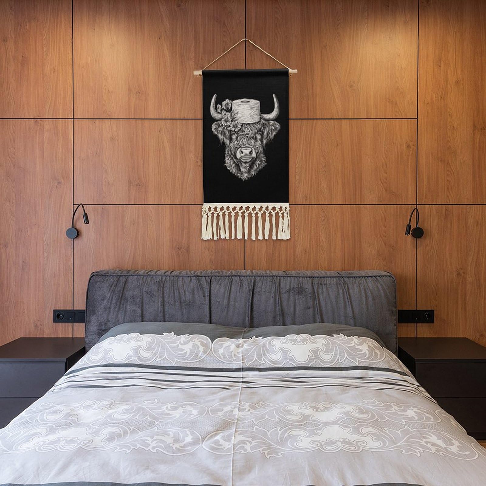 Funny Highland Cow with Toilet Paper Wall Art - 10x20 Inch Cotton Linen Hanging Poster for Home & Office Decor - Perfect for Bathroom, Living Room or Gift Idea