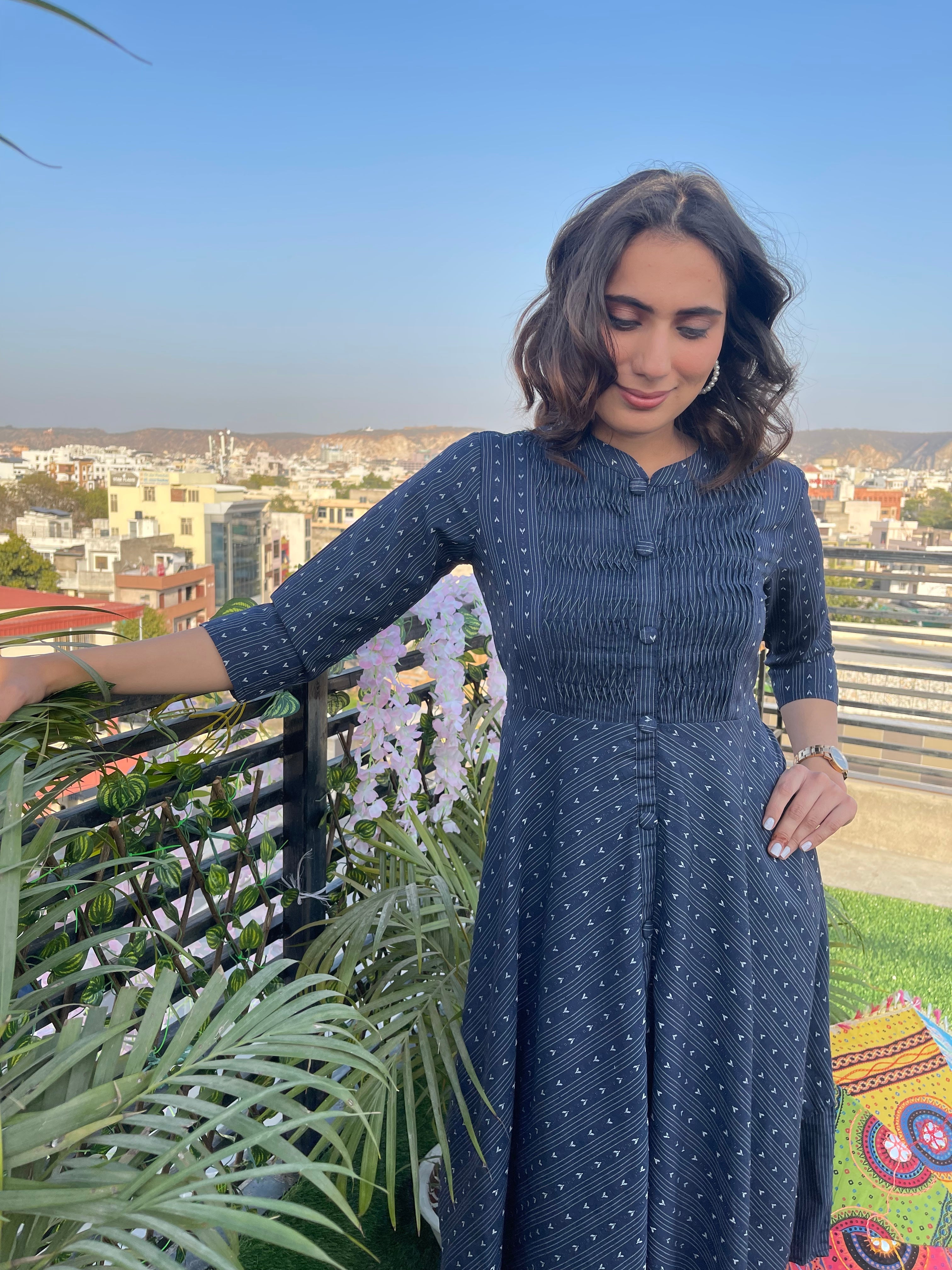 Blue Yoke Pleated Cotton Dress for Women - Summer Casual & Office Wear - Comfortable & Stylish Midi Dress