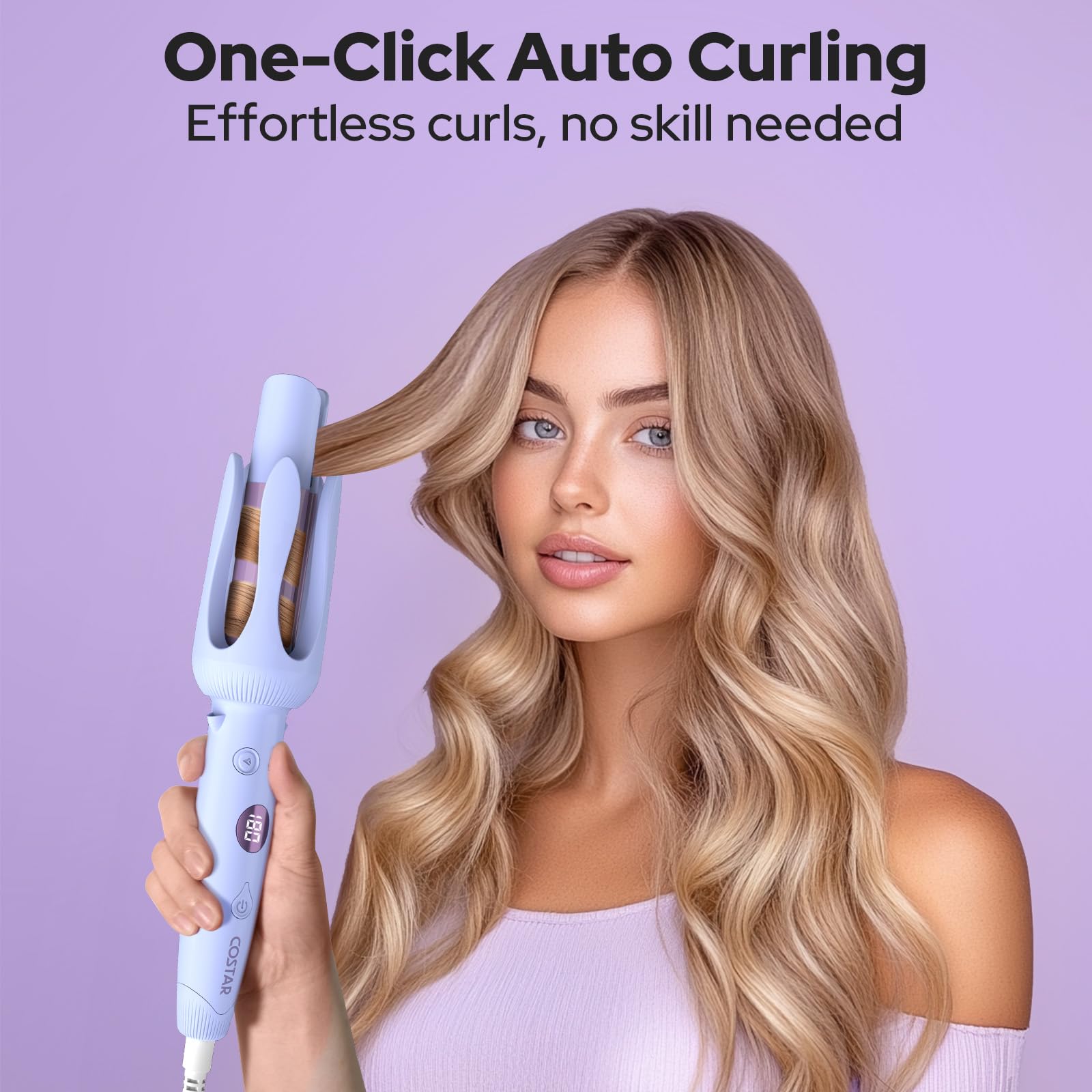 COSTAR Auto Hair Curler - 10 Temperature Settings, 15S Fast Heating, Anti-Scald & Anti-Tangle Rotating Curling Wand with Auto Shut-Off for Perfect Curls - Purple | Salon-Quality Styling at Home for Parties, Weddings & Daily Looks