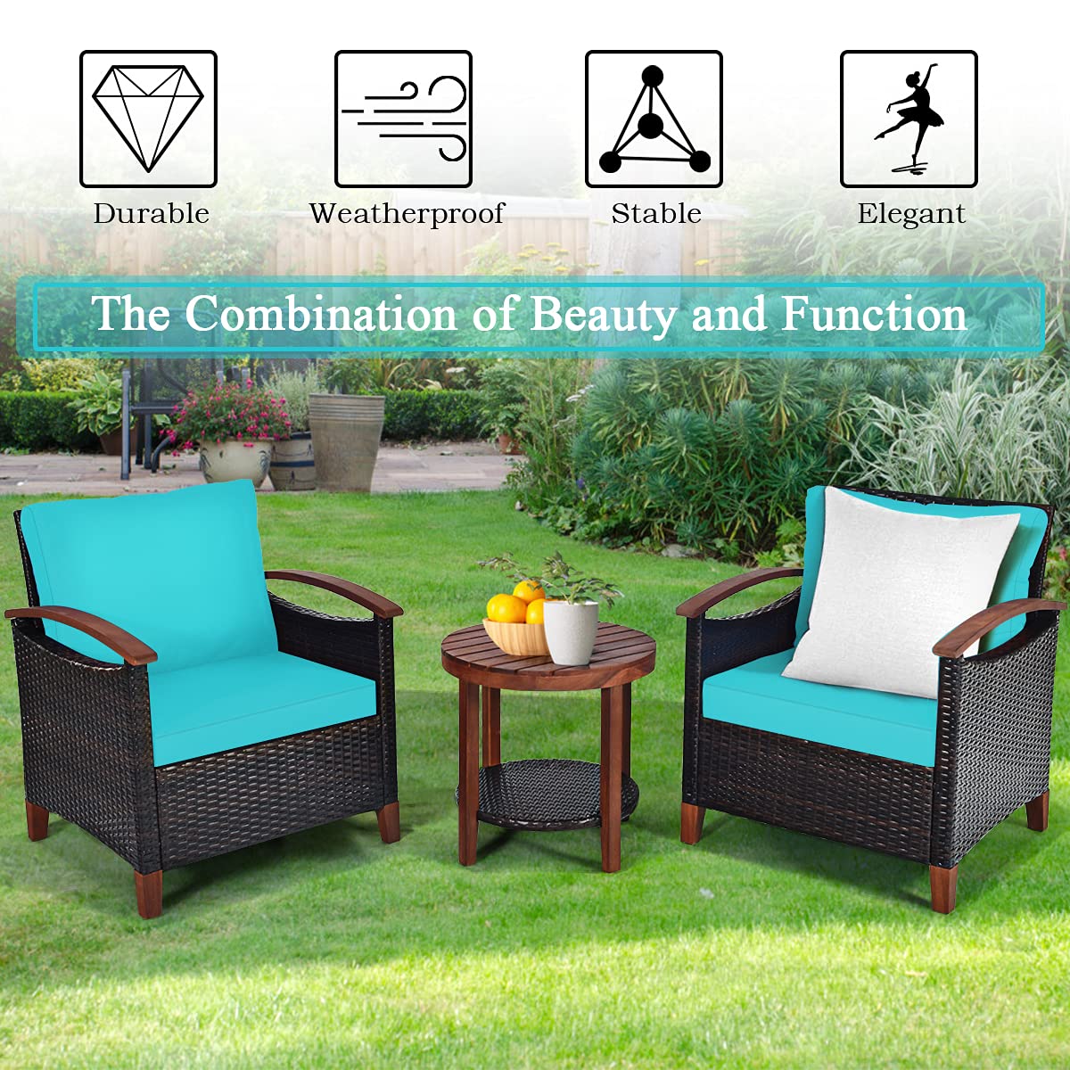 3-Piece Outdoor Patio Furniture Set - Rattan Sofa with Washable Cushions & Acacia Wood Coffee Table - Weather-Resistant Wicker Conversation Set for Garden, Poolside, Balcony (Turquoise) - Perfect for Relaxing, Entertaining & Outdoor Lounging