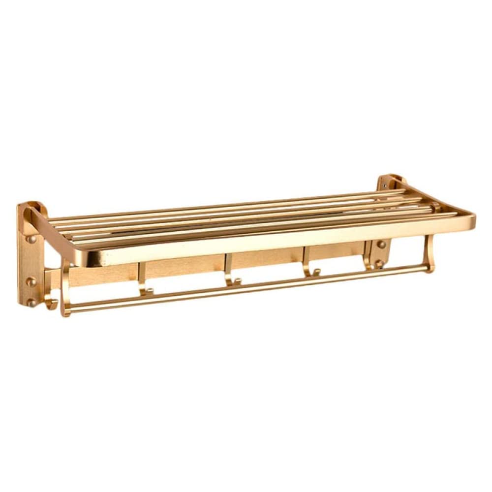 Foldable Multifunctional Wall Mounted Towel Rack - Double Layer Aluminum Bathroom & Kitchen Storage with Hooks - Space Saving Gold Towel Holder for Home, Hotel, and Dorm Organization