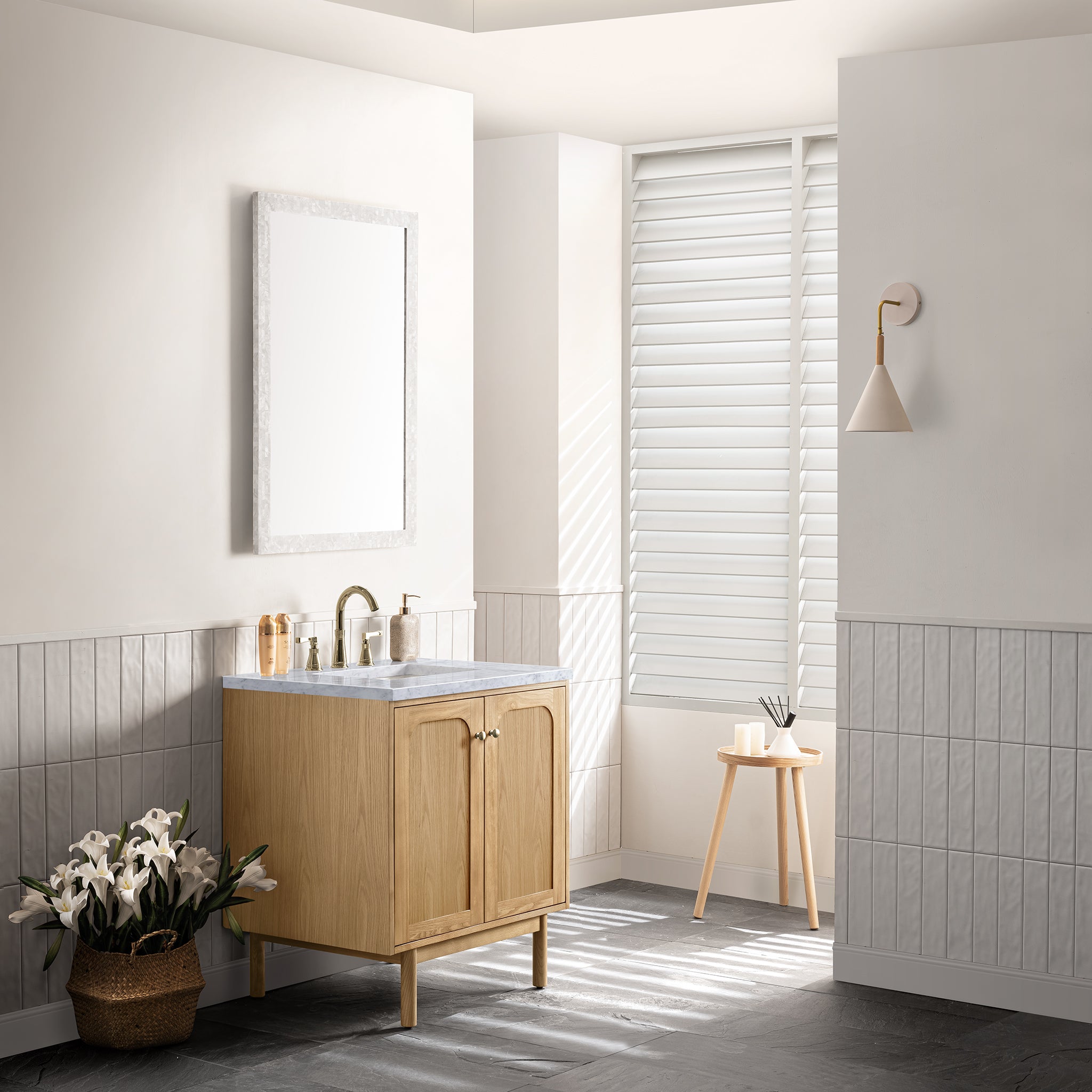 Laurent 30-Inch Single Bathroom Vanity with Light Natural Oak Finish & 3CM Carrara Marble Top - Perfect for Modern Bathroom Renovations & Small Space Solutions