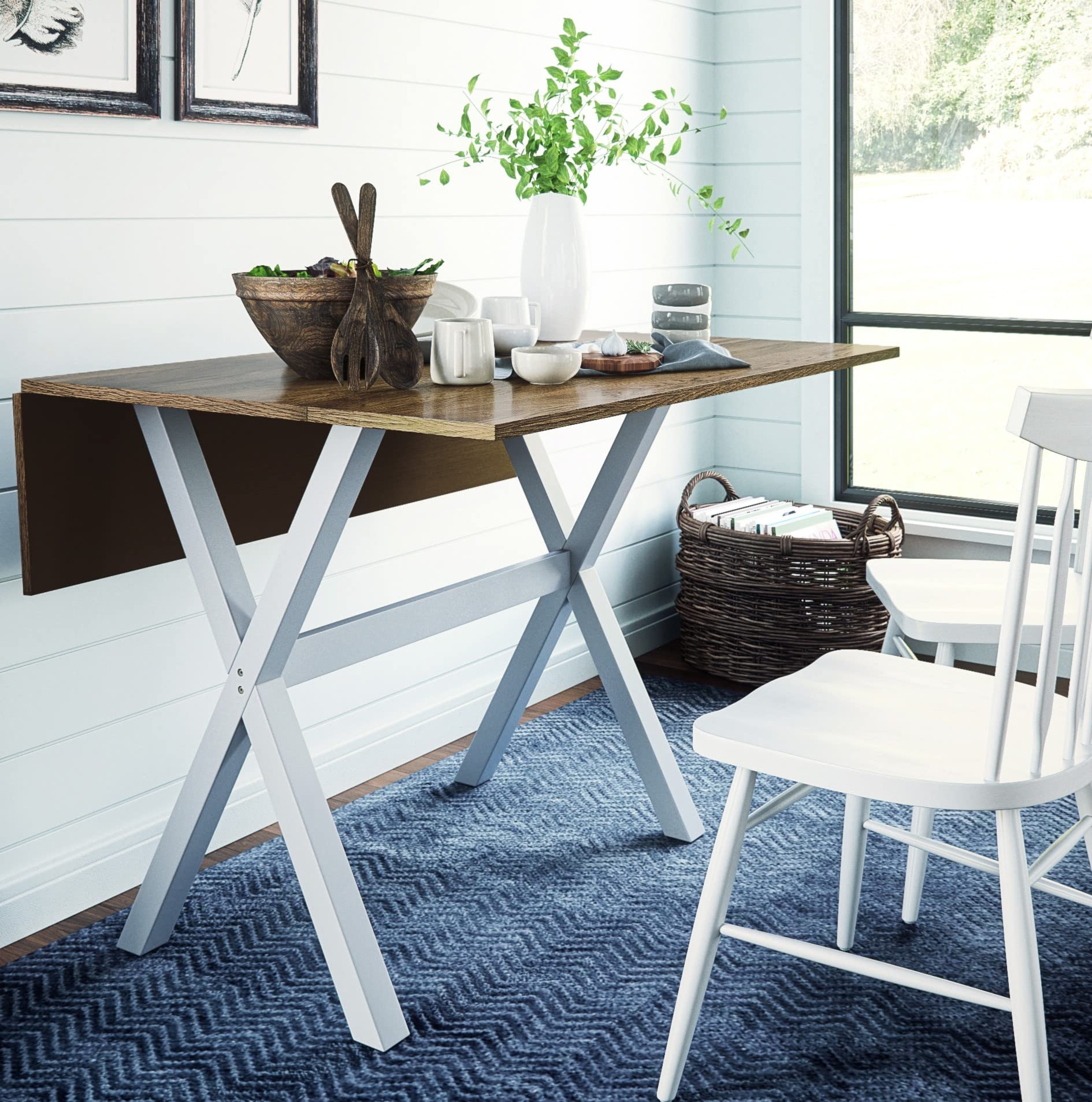 Nathan James Kalos Solid Wood Drop Leaf Folding Kitchen Table - Rustic Farmhouse Console Desk for Small Spaces, Brown/White - Perfect for Dining, Home Office & Space-Saving Living Rooms