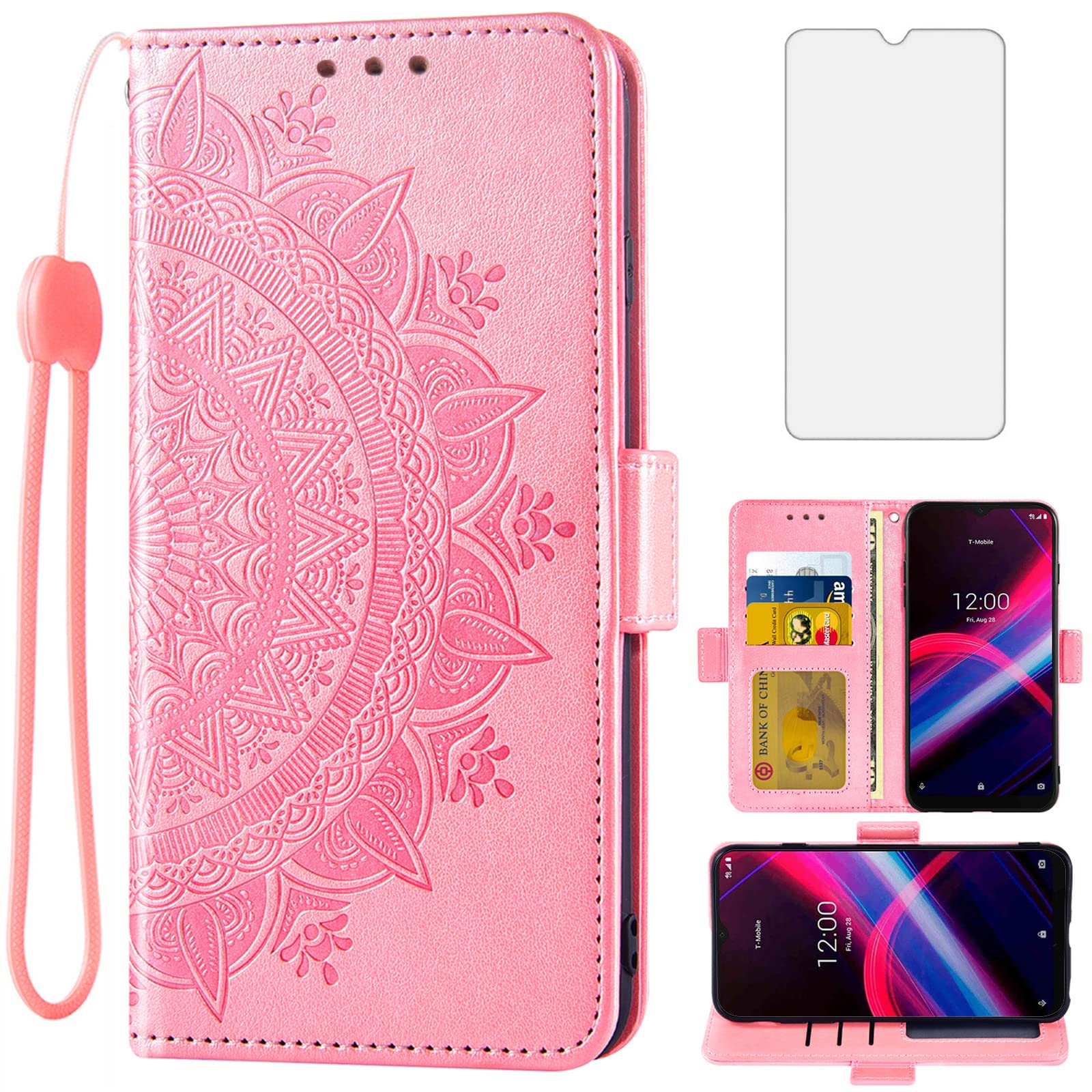 ASUWISH Wallet Case with Tempered Glass Screen Protector & Wrist Strap for T-Mobile Revvl 4 Plus (TCL Revvl 4+) - Rose Gold | Flip Cover & Phone Protection for Everyday Use