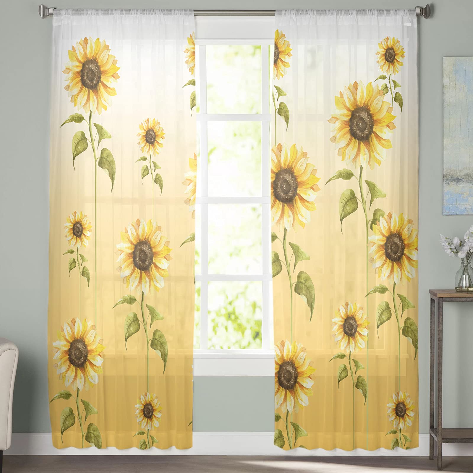 Sunflower Curtains Panels Set - Yellow Sheer Rod Pocket Kitchen Drapes for Privacy & Decor, Voile Window Curtains for Living Room, Bedroom, Summer Floral Home Decor, 52