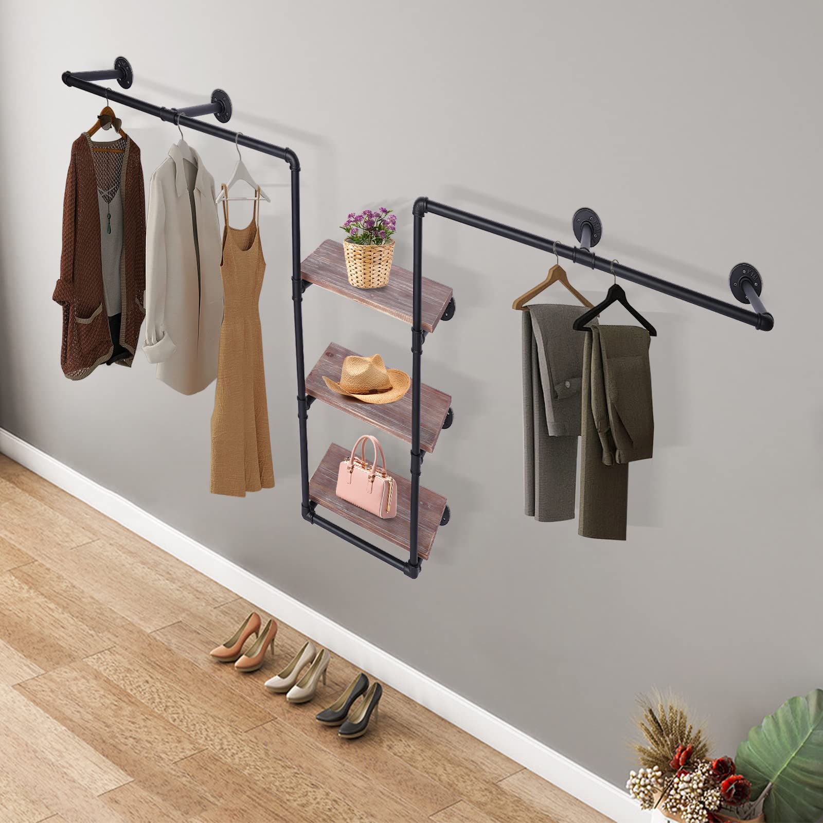 Industrial Pipe Garment Rack - Wall Mounted Clothing Rack with 3-Tier Wooden Shelf & 2 Hanging Rods, Rustic Storage Rack for Home, Boutique or Clothing Store Organization | Perfect for Bedroom, Closet & Retail Display