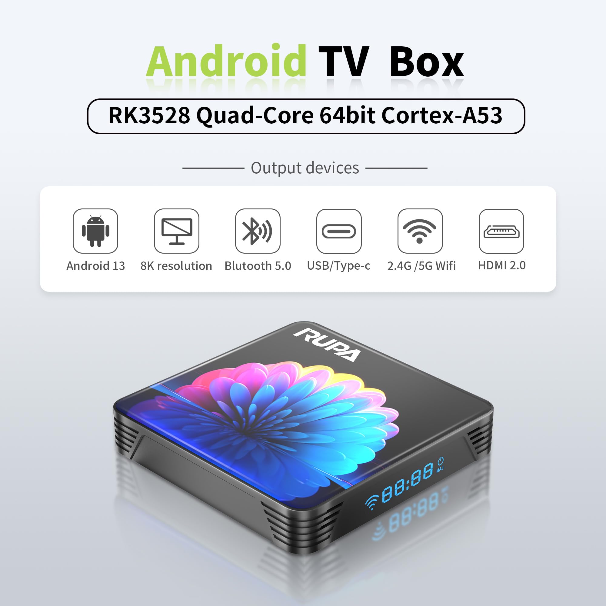 RUPA 2nd Gen Android TV Box 13.0 - 4GB RAM 32GB ROM 4K Ultra HD Smart Streaming Media Player with Voice Remote, WiFi 6 Dual Band (2.4G/5G) & Bluetooth 5.0 - Perfect for Netflix, Hulu, YouTube & Home Entertainment