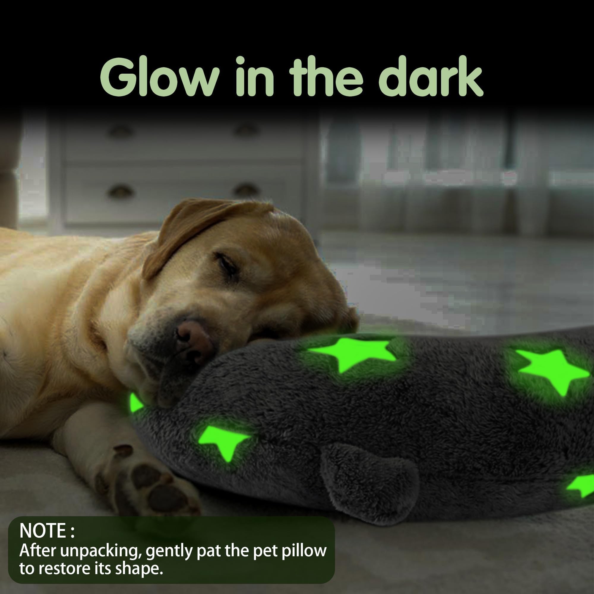 Glow in The Dark Dog Calming Pillow - Soft U-Shaped Pet Bed for Dogs & Cats, Machine Washable Orthopedic Neck Support Pillow with Joint Pain Relief - Perfect for Anxiety, Better Sleep & Couch Lounging (Large, Gray)