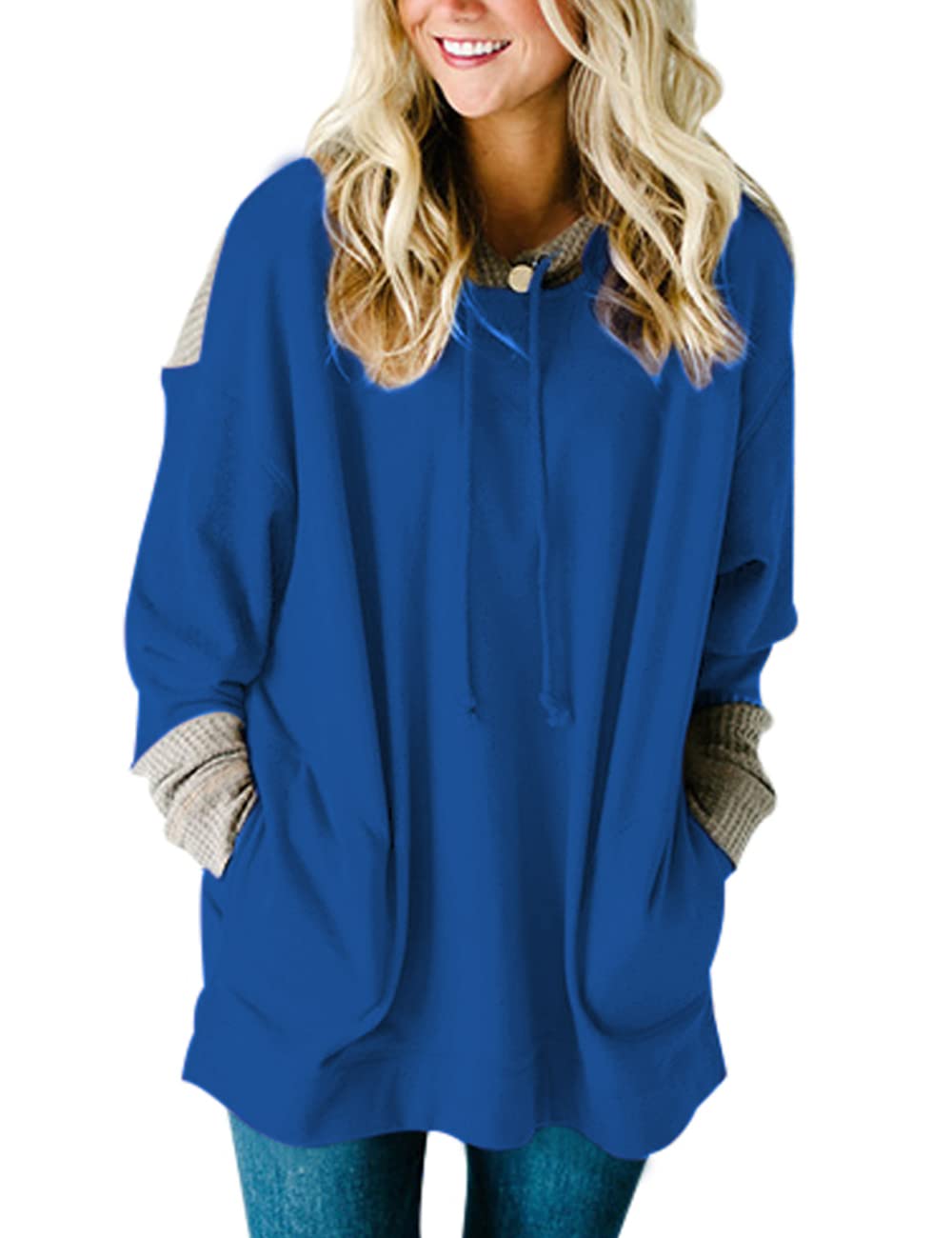 SEBOWEL Women's Hooded Waffle Knit Long Sleeve Sweatshirt with Drawstring & Pockets - Casual Strappy Hoodie for Fall Fashion, Loungewear & Outdoor Activities