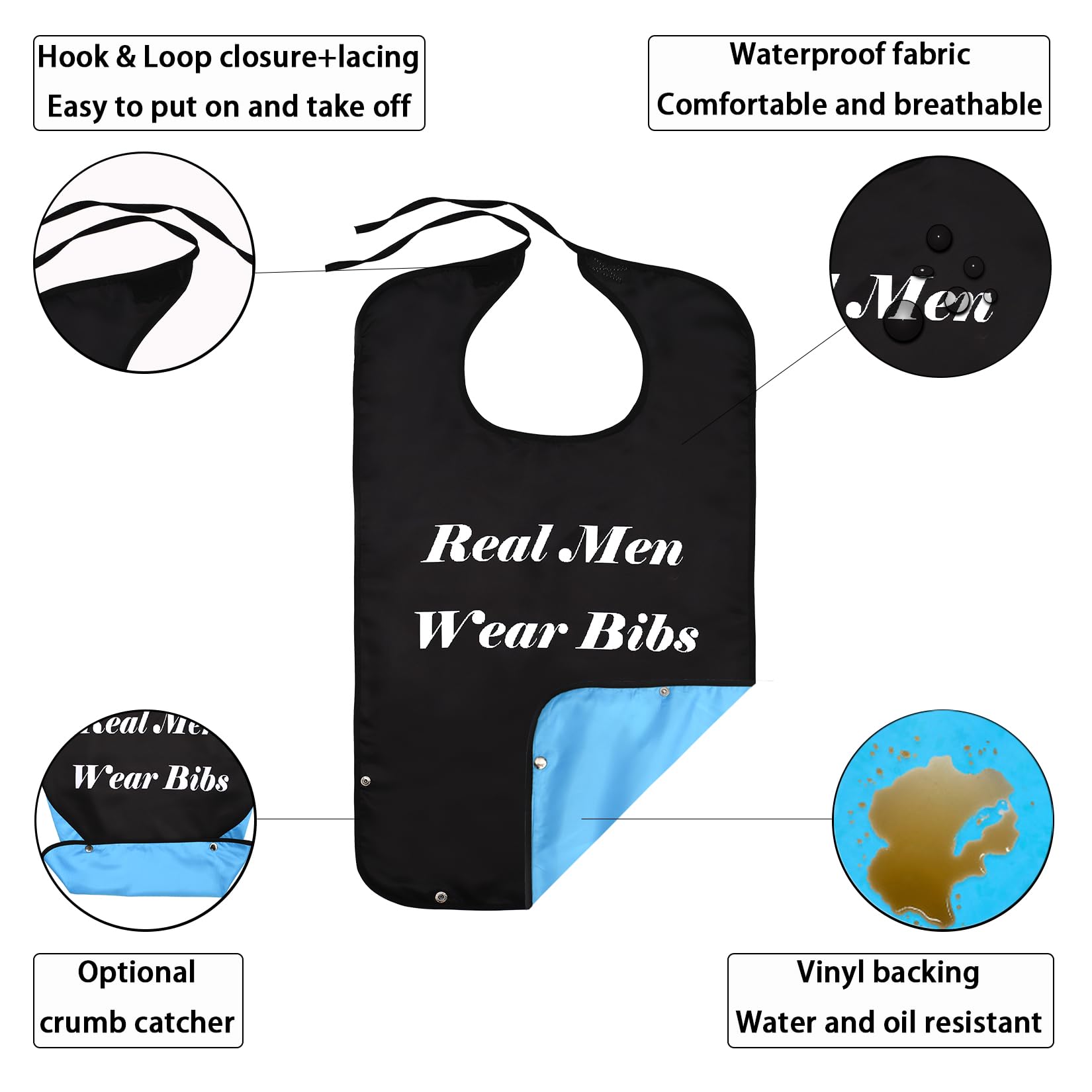 2 Pack Washable & Reusable Adult Bibs for Men & Elderly - Durable Eating Bibs for Dining, Mealtime & Daily Use - Perfect for Seniors, Disabled & Messy Eaters