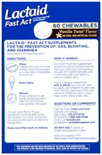 Lactaid Fast Act Chewable Tablets for Lactose Intolerance Relief - Vanilla Flavor, 60 Count (Pack of 24) - Digestive Aid for Dairy Products, Ice Cream & Cheese Lovers