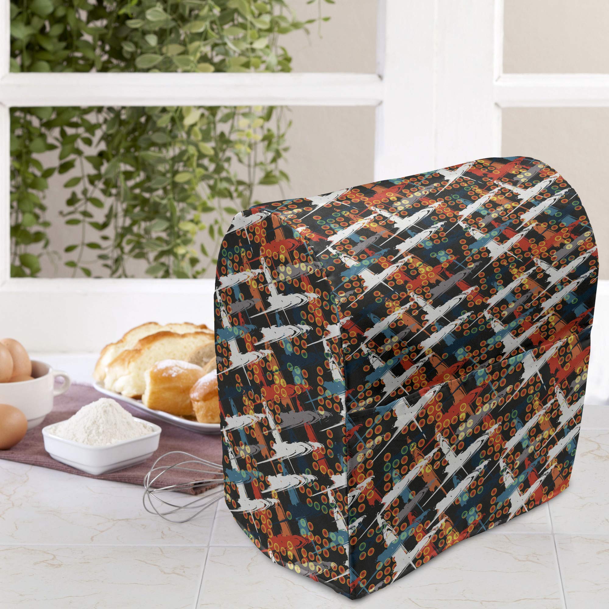 Ambesonne Abstract Stand Mixer Cover - Warm Colored Brush Marks with Dots & Diagonal Stripes on Dark Backdrop - 6-8 Quart Kitchen Appliance Organizer with Pocket - Perfect for Baking & Kitchen Organization (Multicolor)