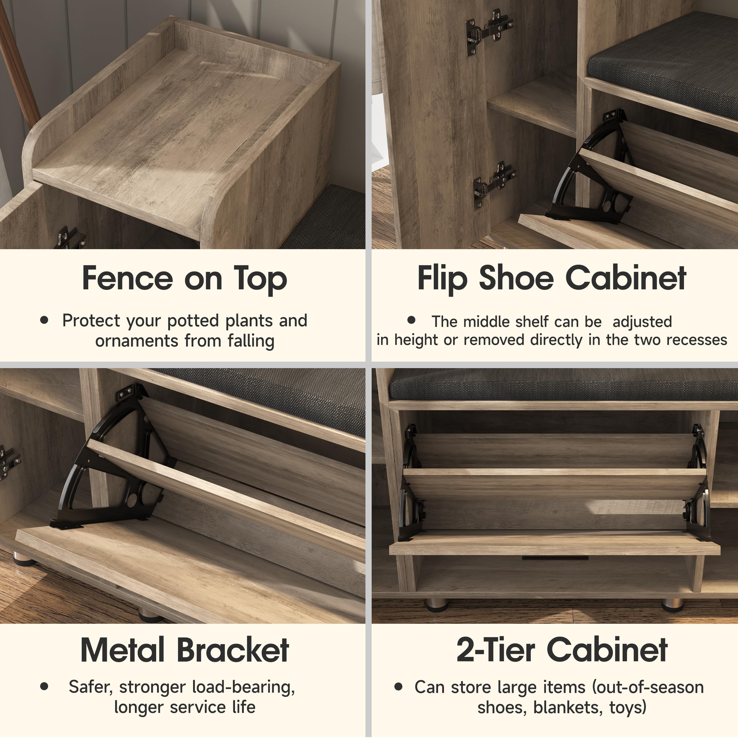 Maupvit Shoe Storage Bench with Flip Drawer Shoe Cabinet - 8 Height Adjustable Metal Feet, Entryway Bench with Removable Seat Cushion - Shoe Organizer for Hallway, Living Room & Bedroom - Washed Gray Modern Entry Furniture