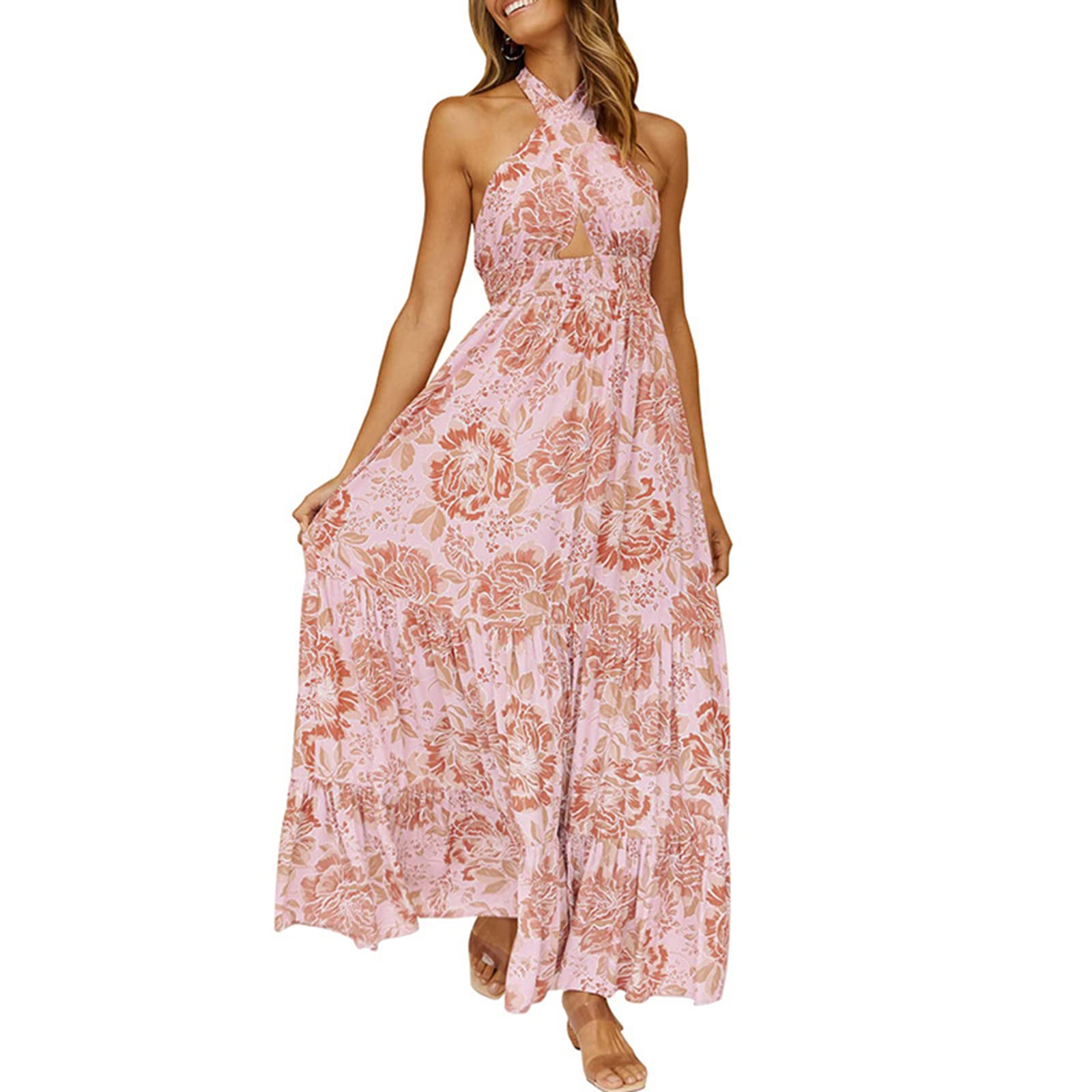 Women's Floral Criss Cross Halter Neck Maxi Dress - Sleeveless Backless Summer A-Line Dress for Beach, Vacation & Party Wear