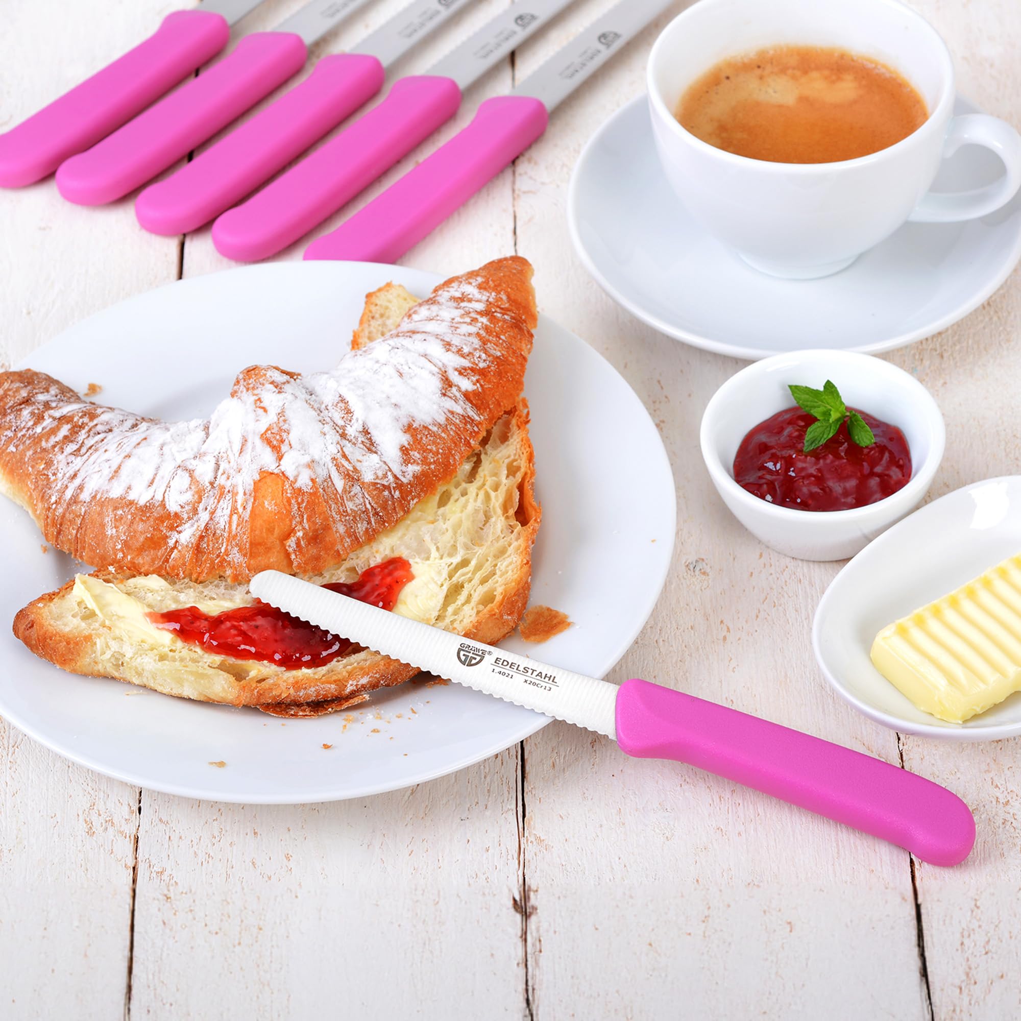 6-Piece Serrated Table Knife Set - 8.3 Inch Pink Bread Knives for Cutting, Breakfast & Kitchen Use | Perfect for Slicing Bread, Fruits & Pastries | Dishwasher Safe Kitchen Utensils