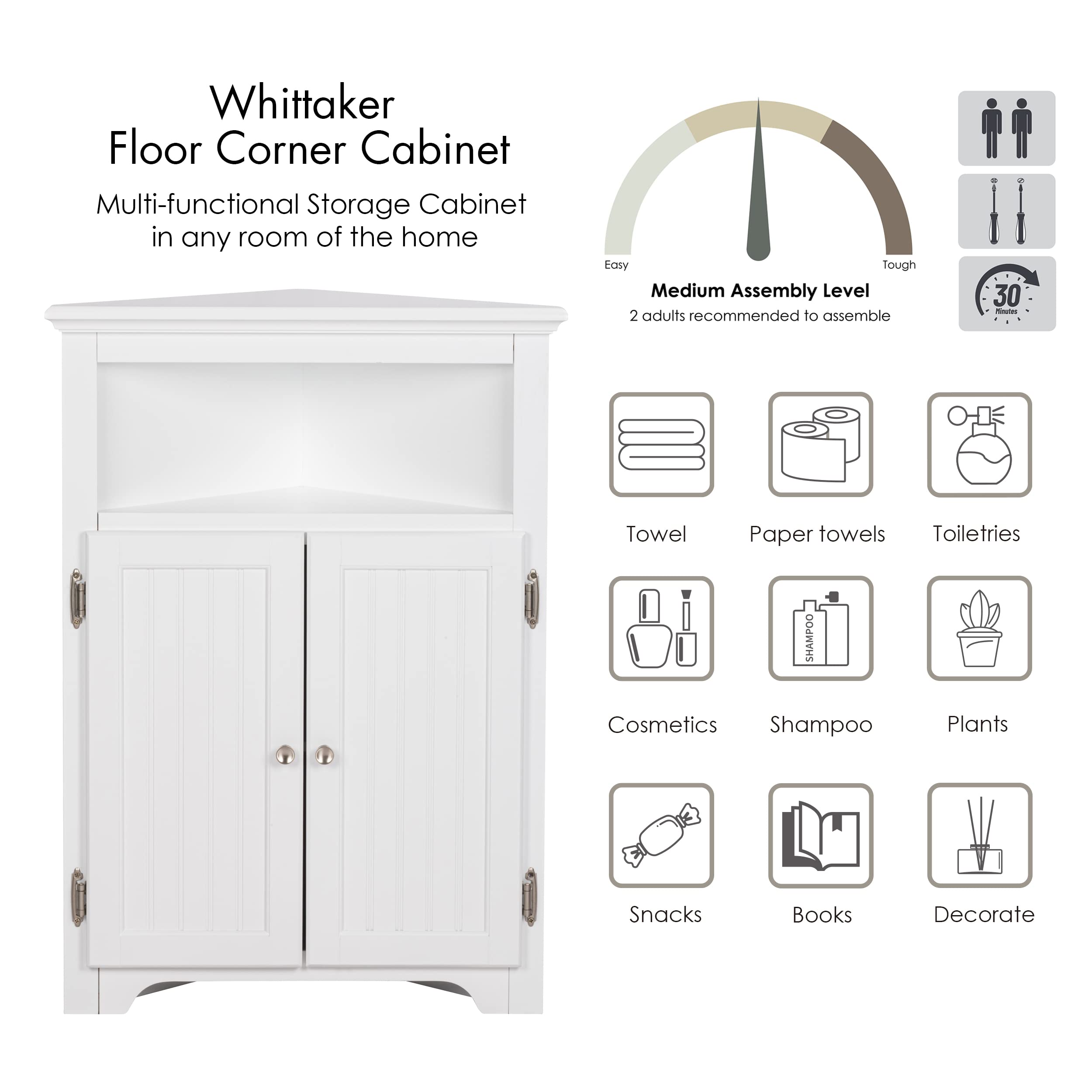UTEX White Freestanding Corner Storage Cabinet with Adjustable Shelves - Narrow Bathroom, Kitchen & Living Room Organizer for Small Spaces - Perfect for Toiletries, Cleaning Supplies & Home Decor
