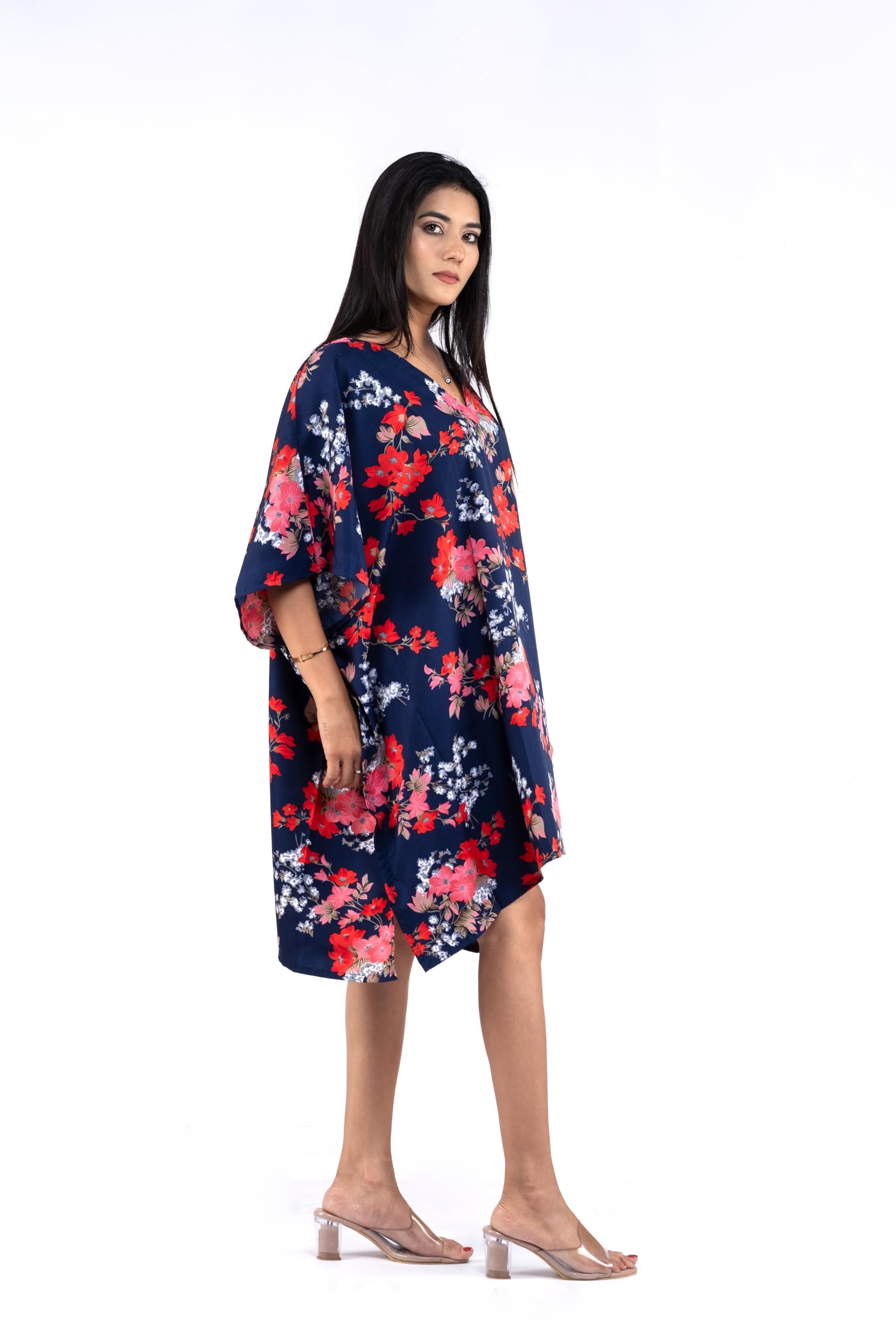 Women's Floral Print V-Neck Kaftan Dress - Short Kimono Style Beach Cover Up | Perfect for Summer Vacations, Poolside Lounging & Resort Wear