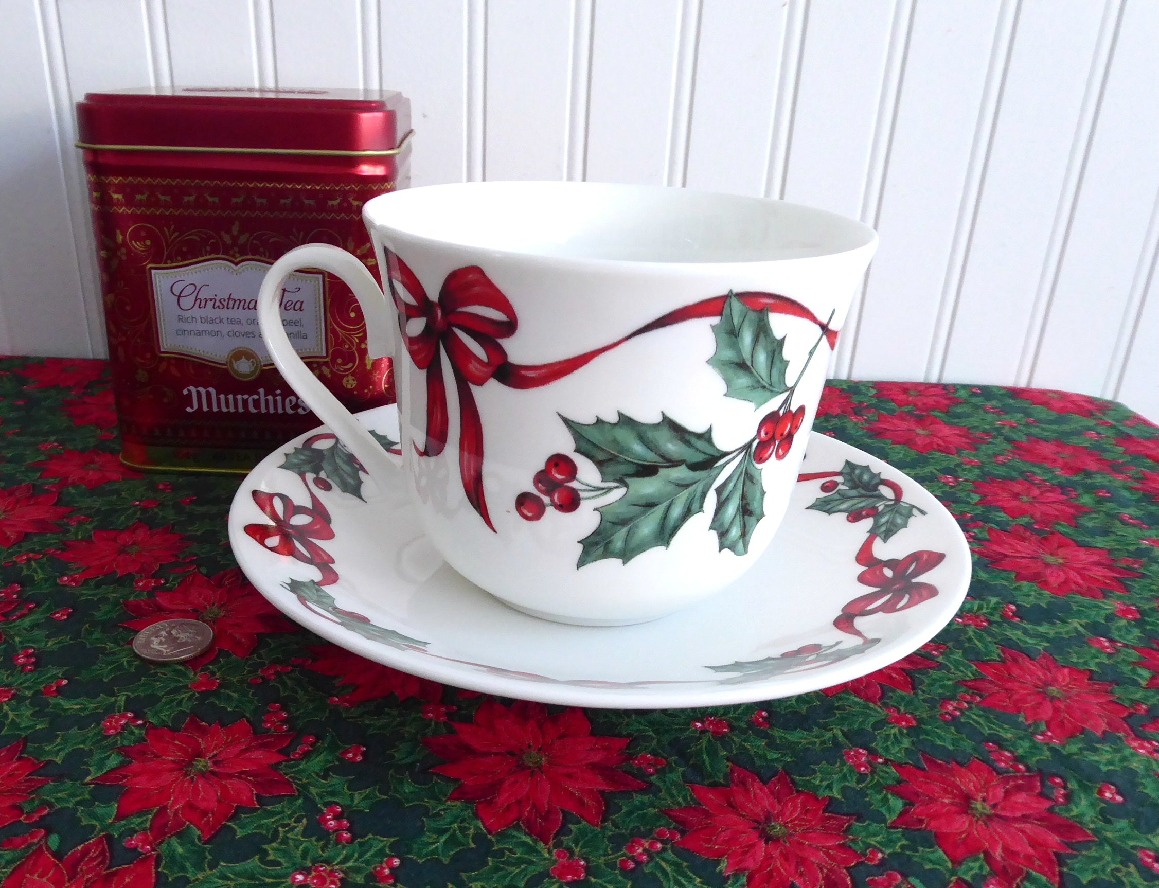 Roy Kirkham Holly Red Ribbons Bone China Christmas Breakfast Cup and Saucer Set - Perfect for Holiday Tea Parties, Festive Breakfasts & Christmas Decor