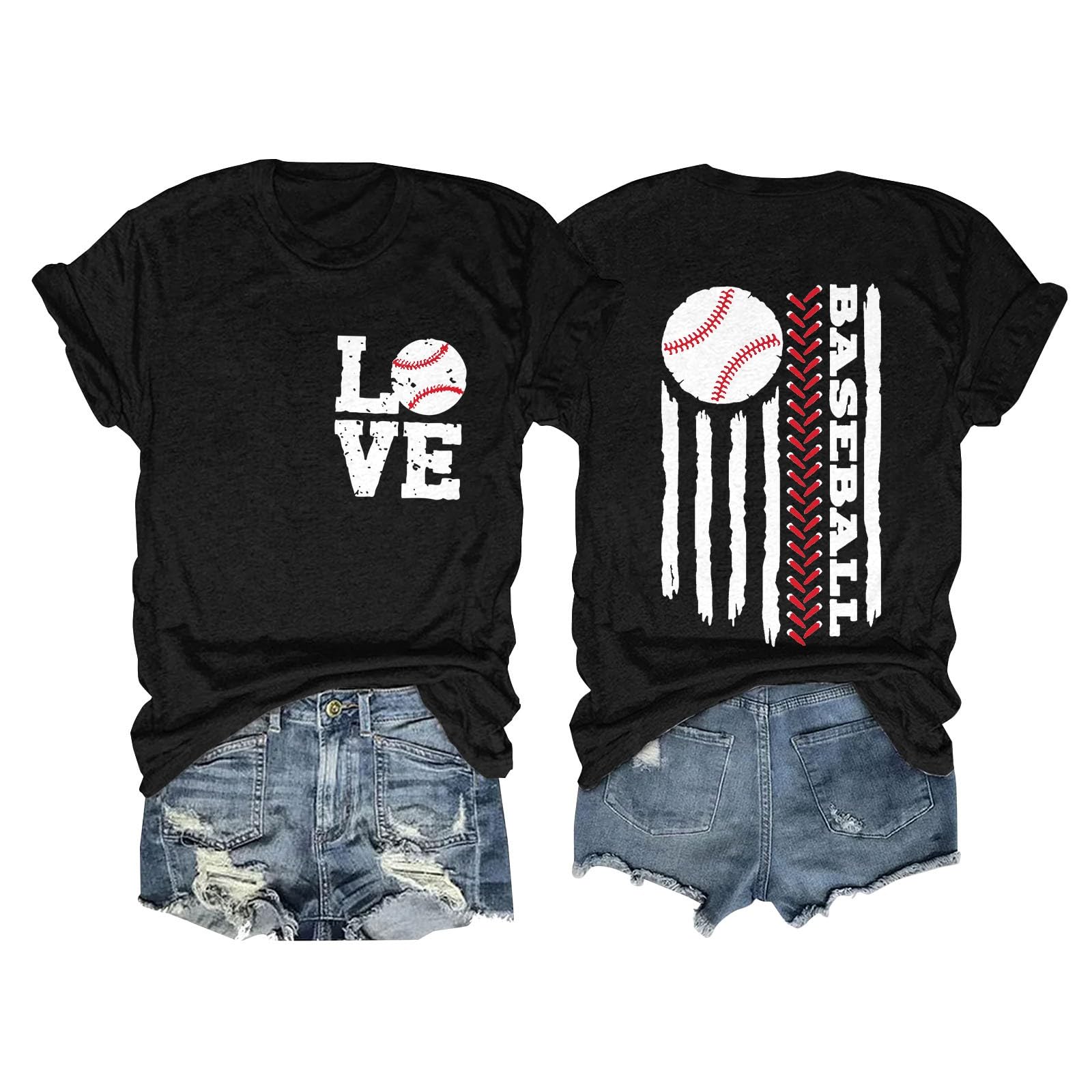 American Flag Baseball T-Shirt for Women - Patriotic 4th of July Shirt with Heart Print | Soft & Comfortable Baseball Love Top | Perfect for Independence Day, Softball Games & Patriotic Events