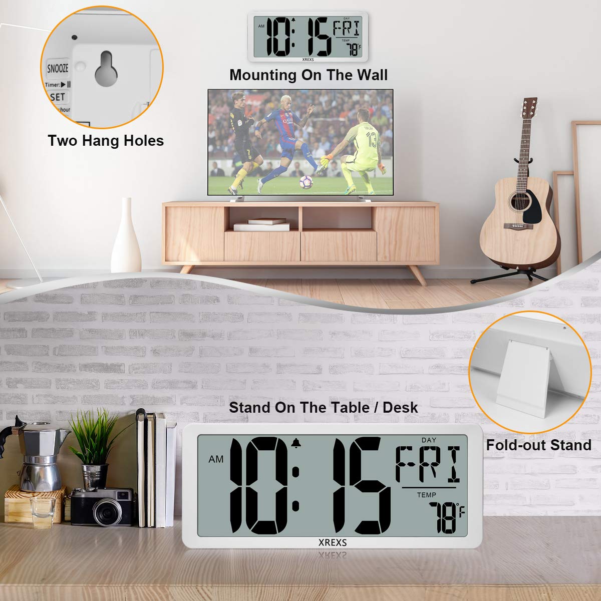 XREXS 14.17 Inch Large Digital Wall Clock with LCD Screen - Battery Operated Electronic Alarm Clock for Bedroom, Office & Kitchen | Displays Time, Date & Temperature | Features Count Up/Down Timer | Perfect for Home, Classroom and Workplace Use