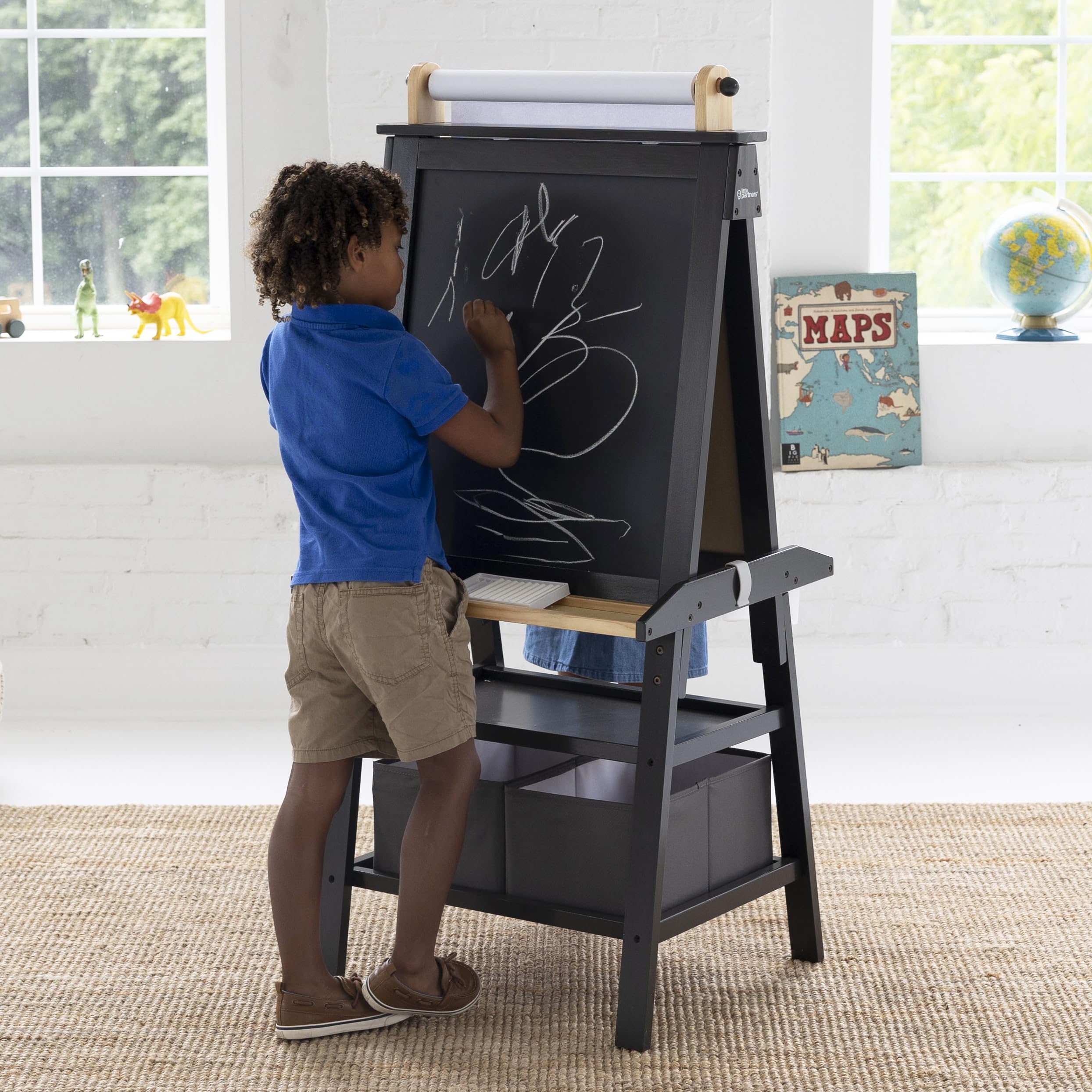 Little Partners Deluxe Learn 'N Play Toddler Easel for Kids - 2-Sided Art Center with Chalkboard & Magnetic Whiteboard | Paper Roll, Storage Bins & Paint Cups | Perfect for Home, Preschool & Creative Play (Charcoal & Natural)