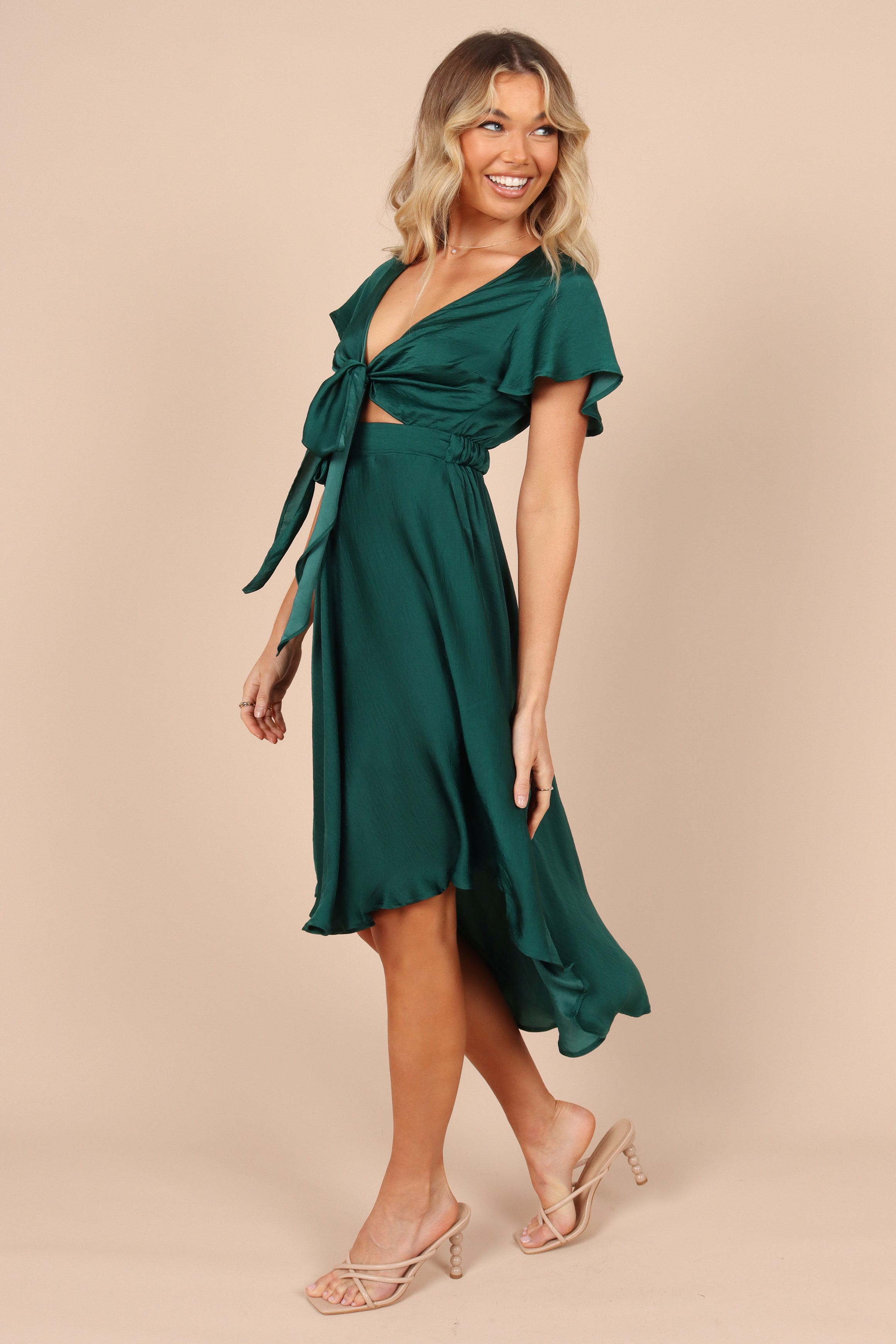 Amanda Women's Hi-Lo Tie Front Dress in Emerald Green - Perfect for Casual Outings, Parties & Special Occasions