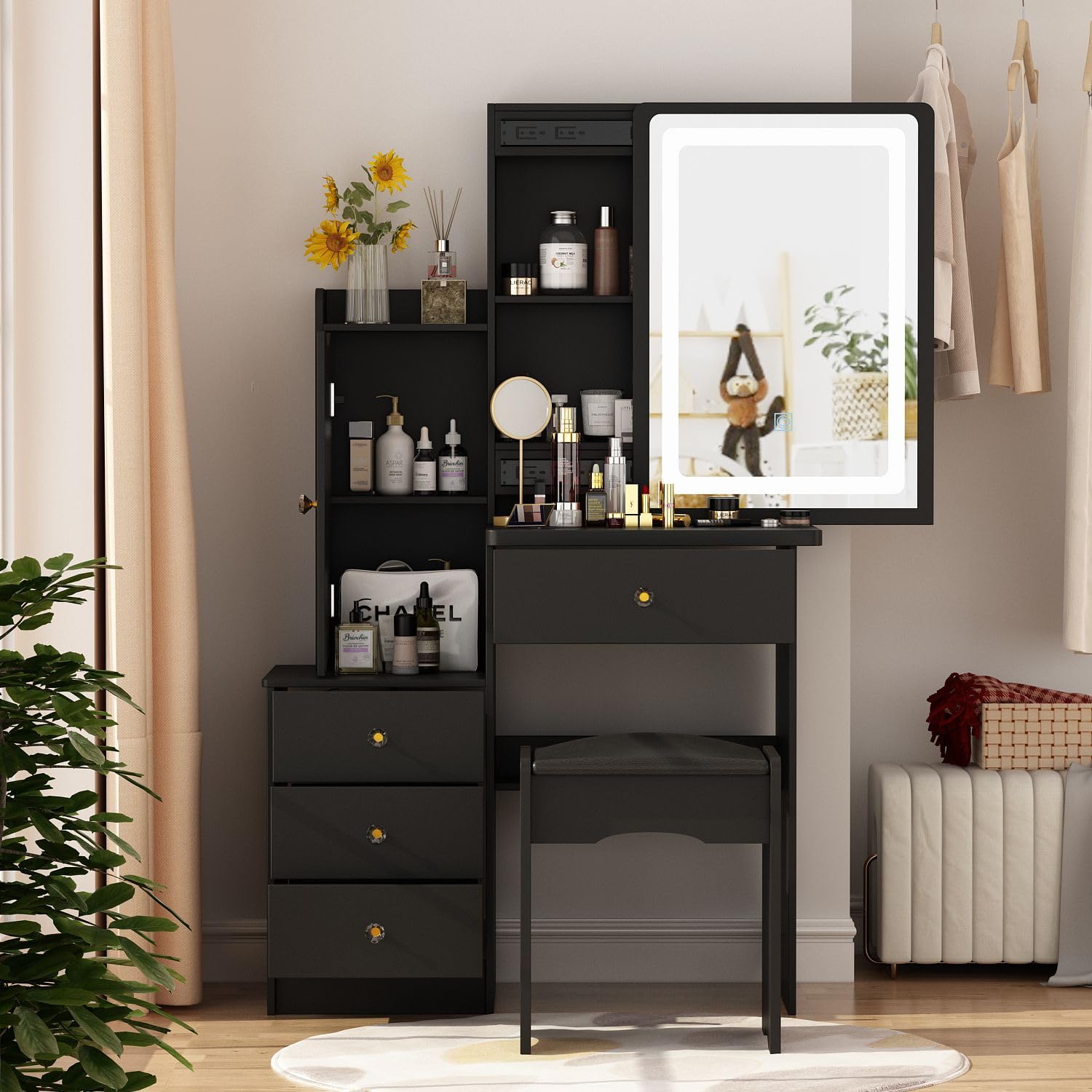 FAMAPY Black Vanity Mirror with LED Lights, Makeup Vanity Desk Set with Sliding Mirror, Storage Drawers & Crystal Handles - Includes Cushioned Stool for Bedroom, Dressing Room or Beauty Salon