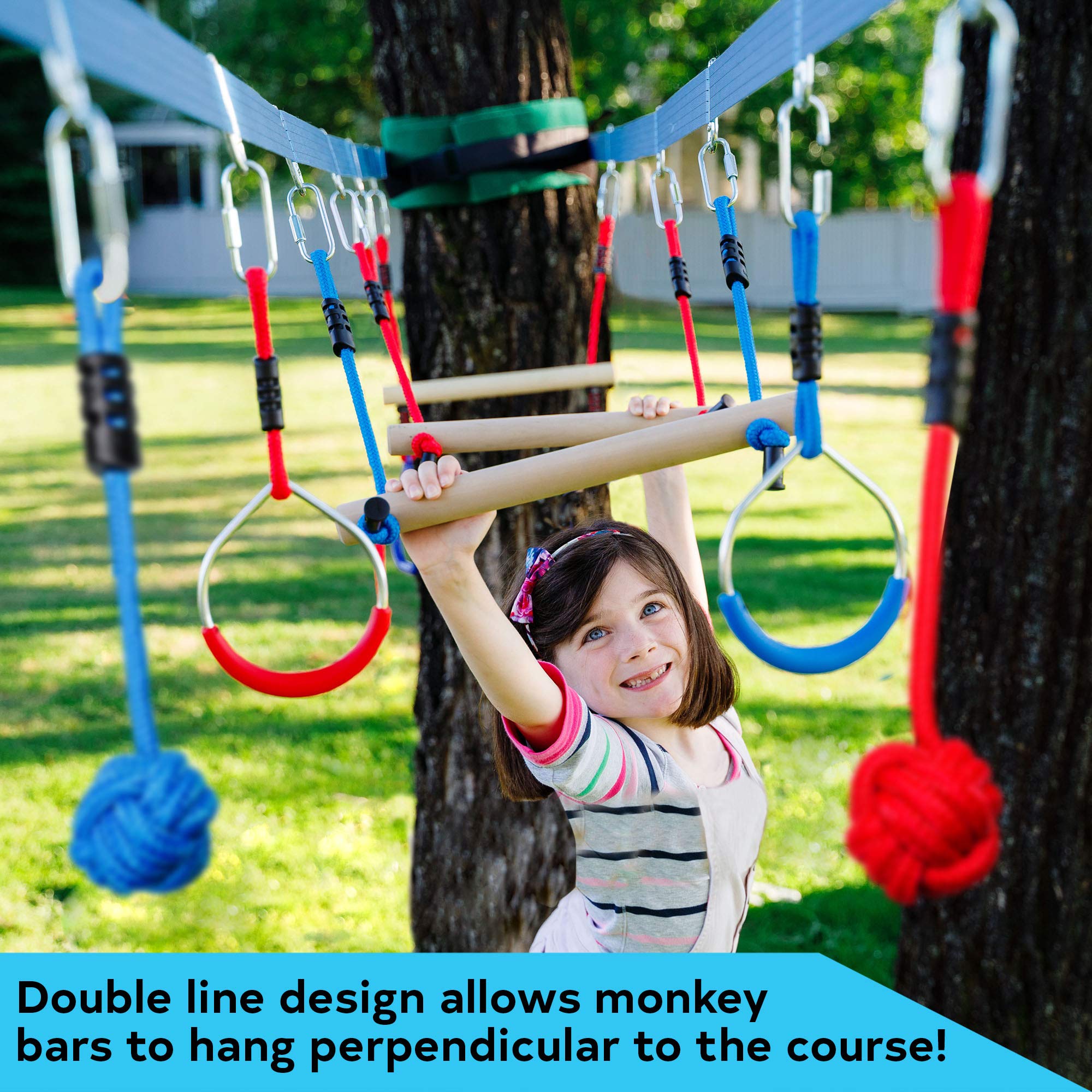 Double Ninja Slackline Obstacle Course for Kids - 80ft Outdoor Play Equipment with Monkey Bars & Patented Dual Line Design | Backyard Training, Birthday Parties, School Playgrounds, Ninja Warrior Practice
