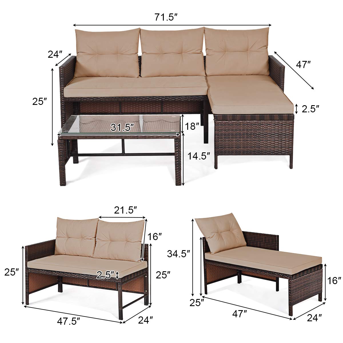 HAPPYGRILL 3-Piece Outdoor Rattan Sectional Sofa Set with Steel Frame & Cushions - Waterproof Wicker Patio Furniture for Garden, Poolside, Backyard, Lawn - Perfect for Relaxing, Entertaining & Outdoor Lounging