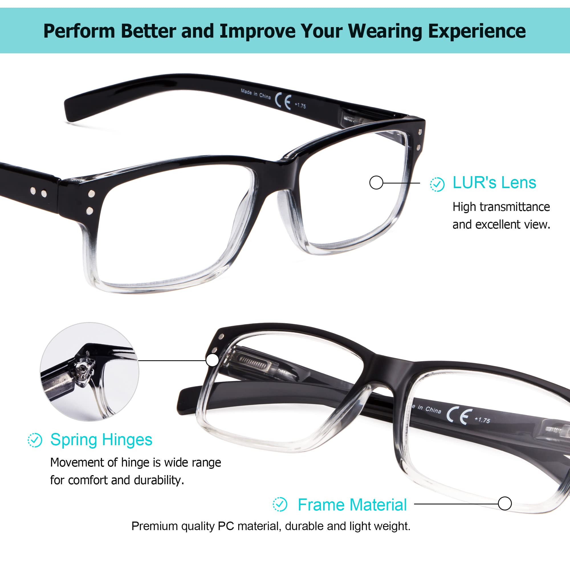 LUR Reading Glasses 5-Pack +1.50 Magnification - Lightweight Spring Hinge Readers for Men & Women - Perfect for Books, Crafts & Computer Work