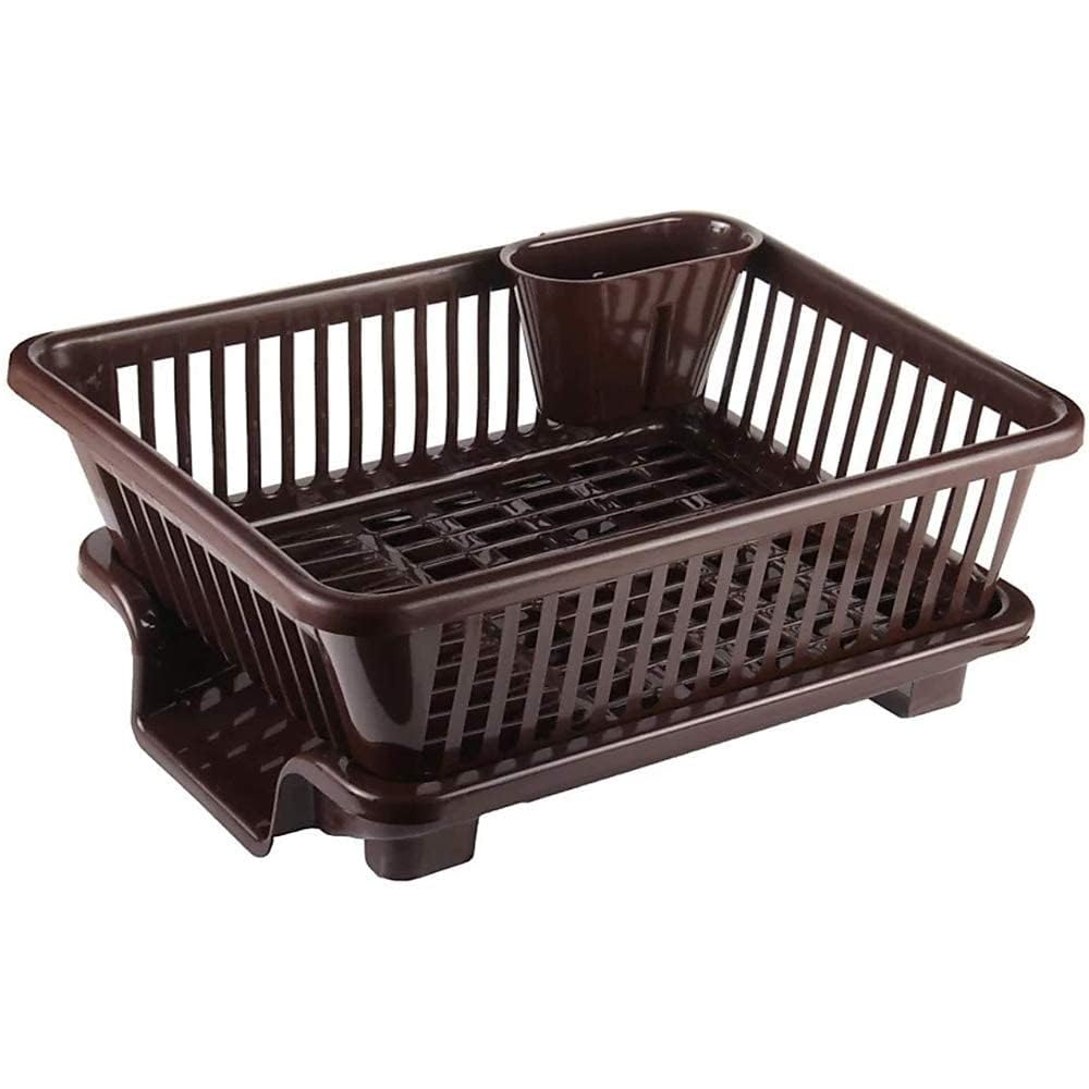 Kitchenwell 3-in-1 Large Plastic Dish Drying Rack with Drain Tray | Durable Sink Organizer for Utensils, Cutlery & Kitchen Tools | Space-Saving Countertop Solution for Small Kitchens & Apartments (Brown, 1 Pack)