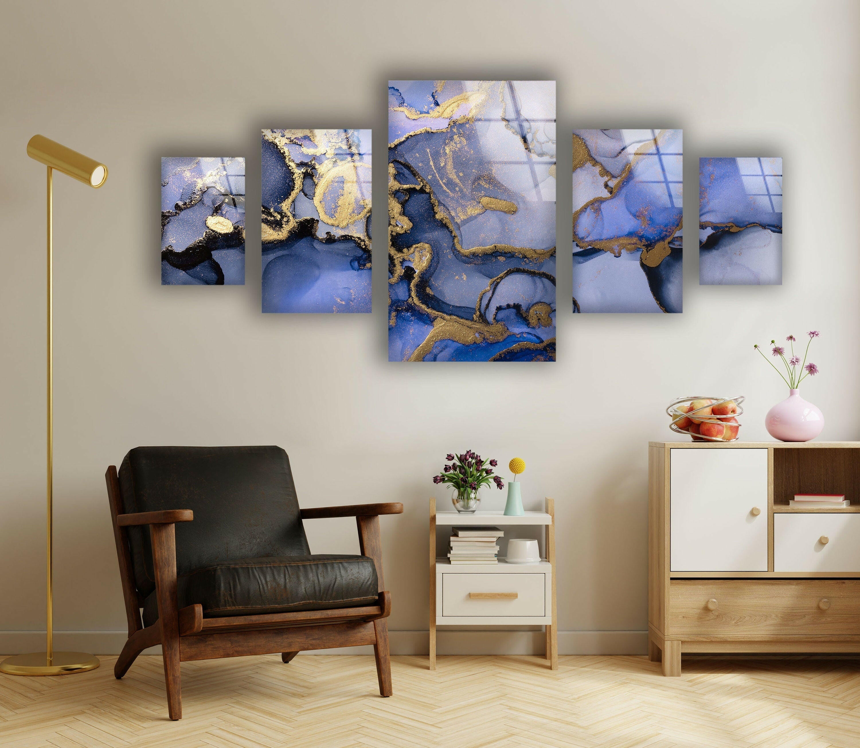 Blue & Gold Abstract Glass Wall Art - Modern Handmade Decor for Living Room, Bedroom & Office - Unique Home & Interior Design Gift Idea