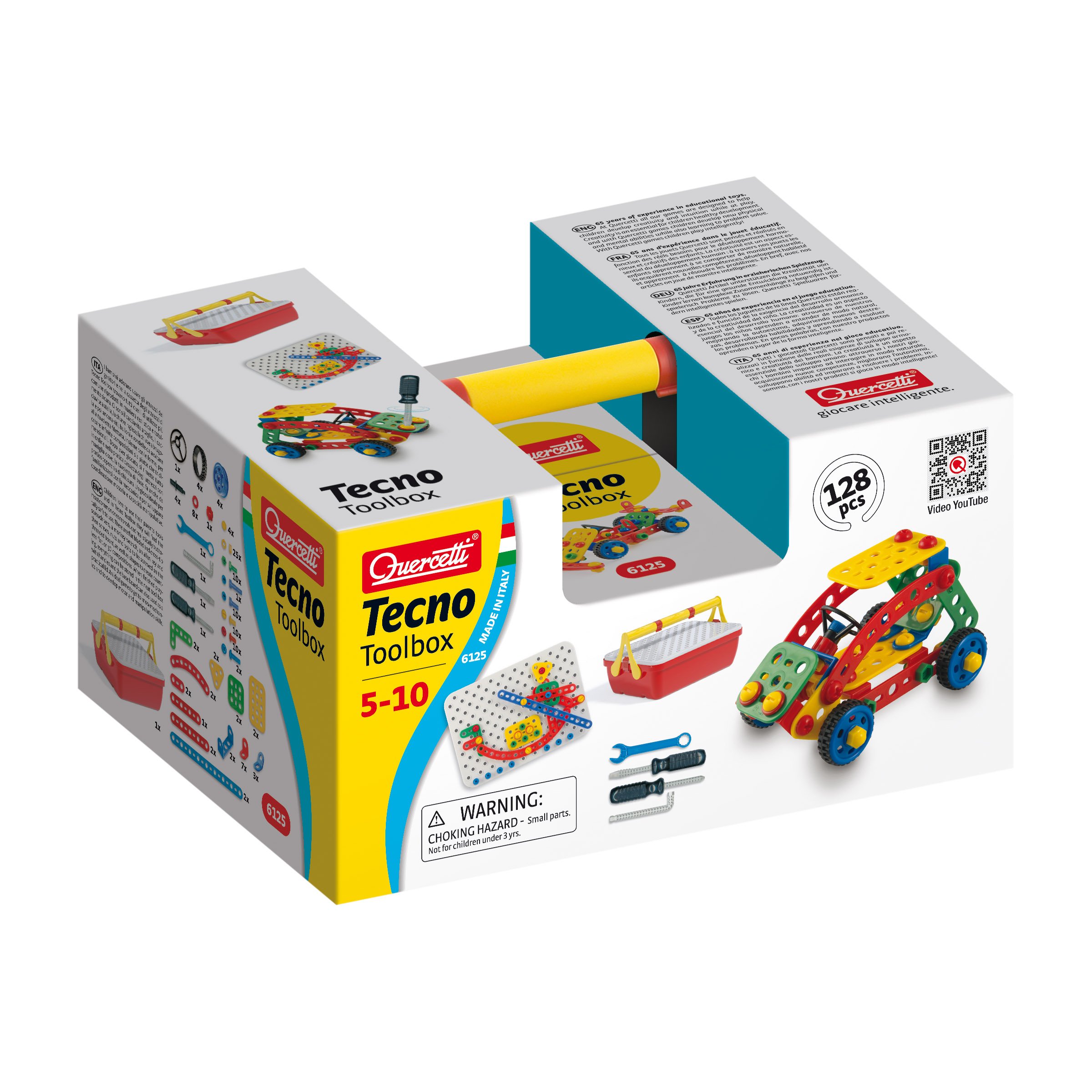 Quercetti Tecno Toolbox 128-Piece STEM Construction Building Set with Storage Case - Educational Engineering Toy for Kids Ages 6-12 | Creative Play, Classroom Activities & Birthday Gifts