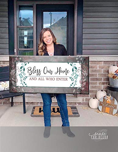 Bless Our Home Sign - Large Canvas Wall Art for Front Door Decor & Entryway - Housewarming Gift in Dusty Pink (42x19) - Perfect for Living Room, Bedroom & Farmhouse Style Home Decor
