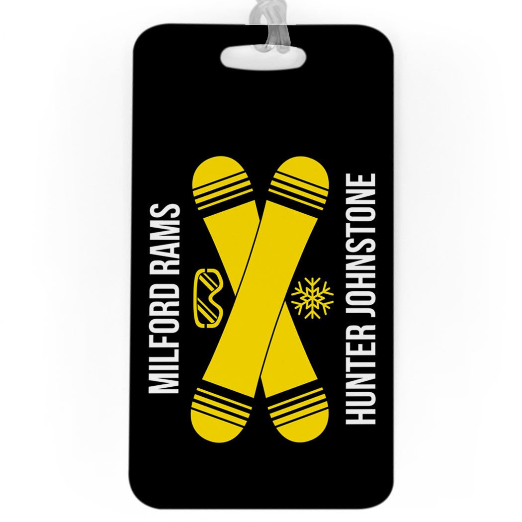 Personalized Snowboard Luggage Tag with Crossed Boards Design - Large Black & Yellow Bag Tag for Travel | Perfect for Ski Trips & Winter Vacations