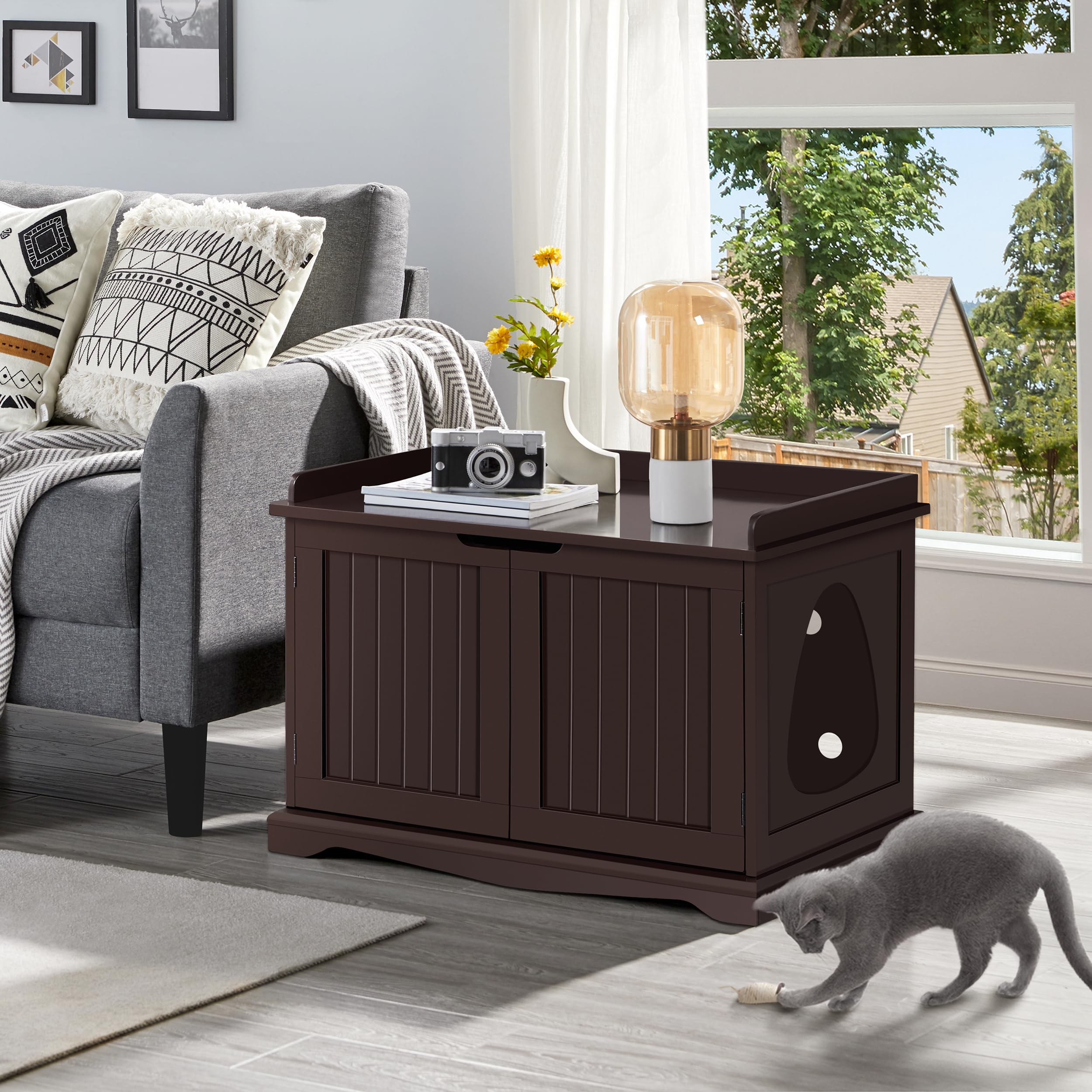 Yaheetech Wooden Cat Litter Box Enclosure - Hidden Cat Washroom Cabinet with Storage, Indoor Cat Litter Box Furniture for Large Cats, Decorative Pet Side Table & Bench - Espresso Finish | Perfect for Small Spaces, Living Rooms & Pet-Friendly Homes